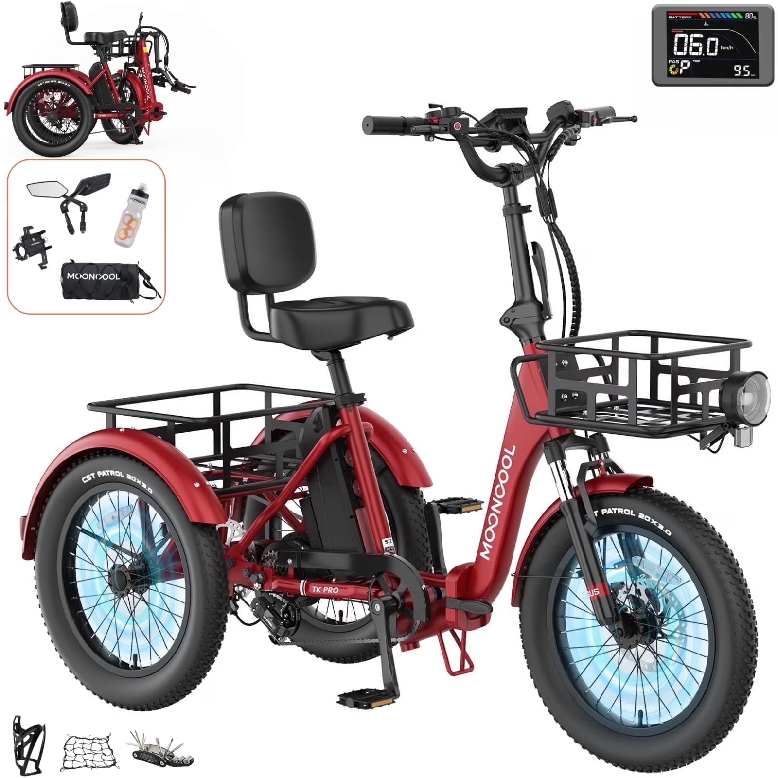 MOONCOOL TK Pro Foldable Electric Tricycle W/ Rearview mirror accessory Kit, 1500W Motor 48V 20Ah Battery, 20 Fat Tire Three Wheel 6-Speed Electric Mountain Bicycle for Adults