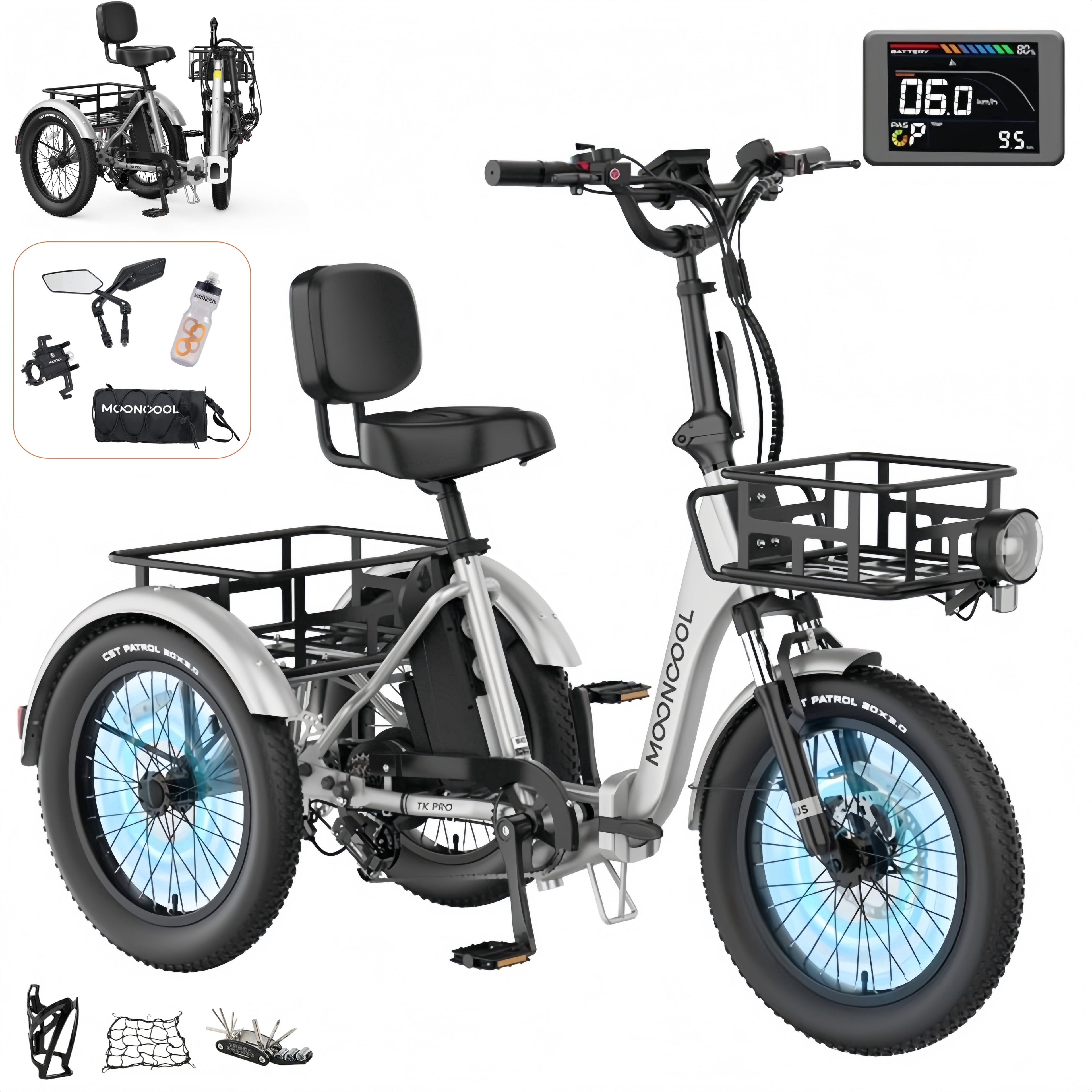 MOONCOOL TK Pro Foldable Electric Tricycle W/ Rearview mirror accessory Kit, 1500W Motor 48V 20Ah Battery, 20 Fat Tire Three Wheel 6-Speed Electric Mountain Bicycle for Adults