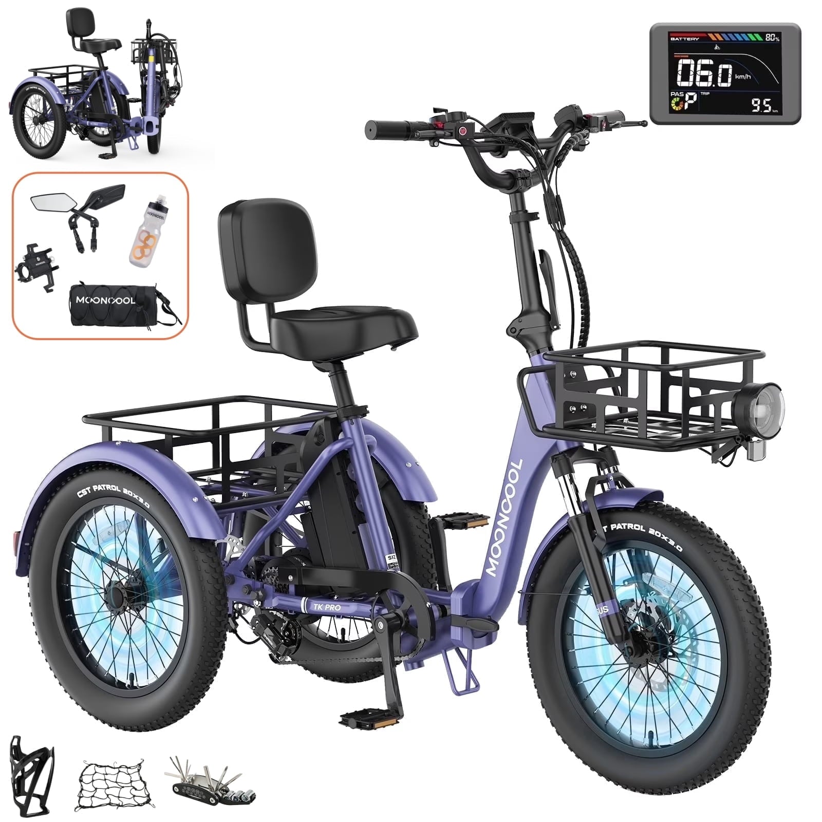 MOONCOOL TK Pro Foldable Electric Tricycle W/ Rearview mirror accessory Kit, 1500W Motor 48V 20Ah Battery, 20 Fat Tire Three Wheel 6-Speed Electric Mountain Bicycle for Adults
