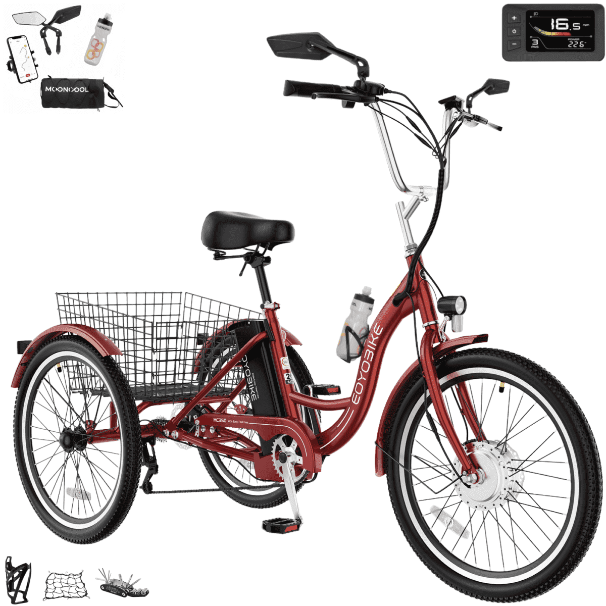 MOONCOOL Electric Trike for Adults w/ Rearview Mirror kit, 700W Peak Motor 10.4Ah battery .24/26 7 Speeds 3 Wheels Low Step Through Unisex Electric Trikes .35-60Miles