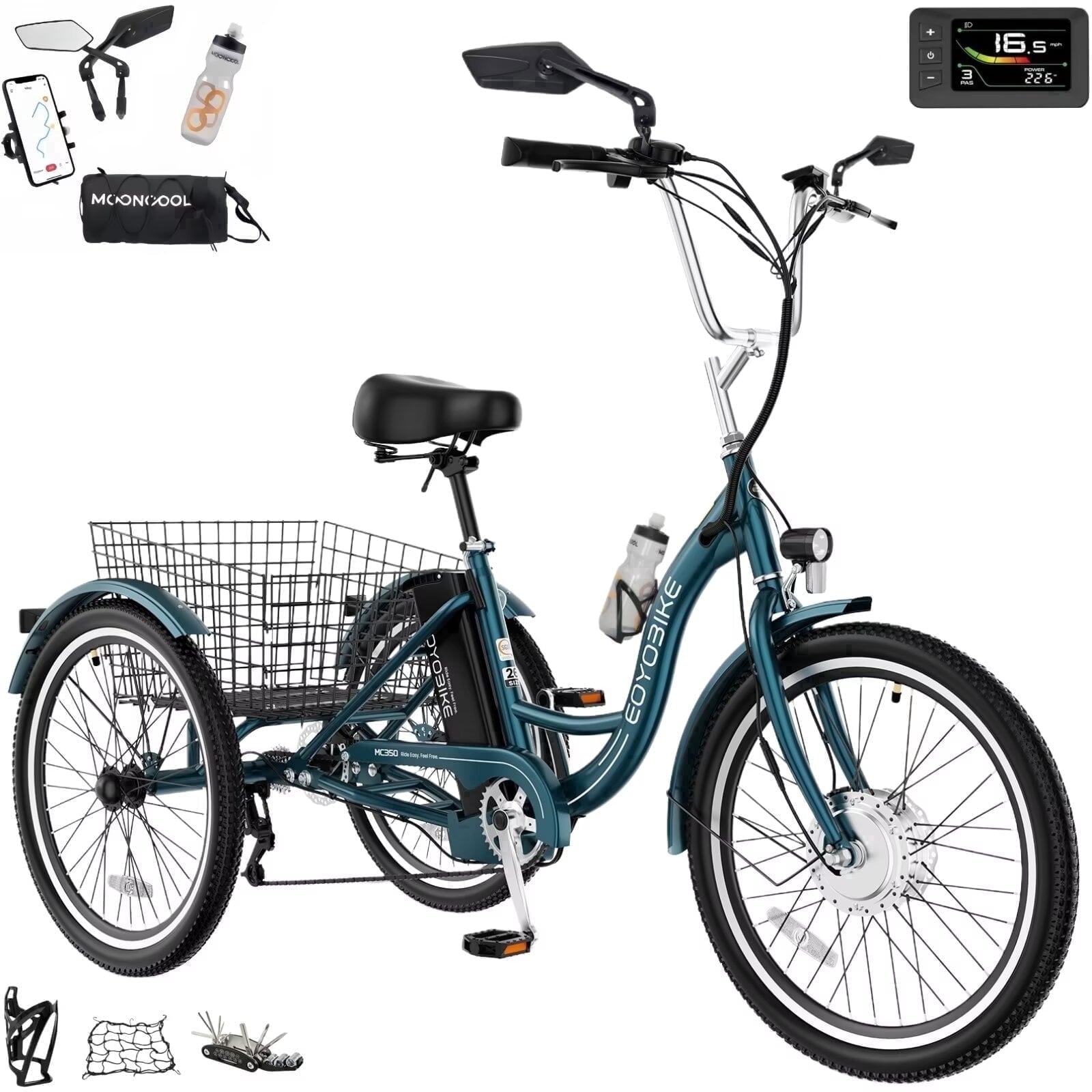 MOONCOOL Electric Trike for Adults w/ Rearview Mirror kit, 700W Peak Motor 10.4Ah battery .24/26 7 Speeds 3 Wheels Low Step Through Unisex Electric Trikes .35-60Miles