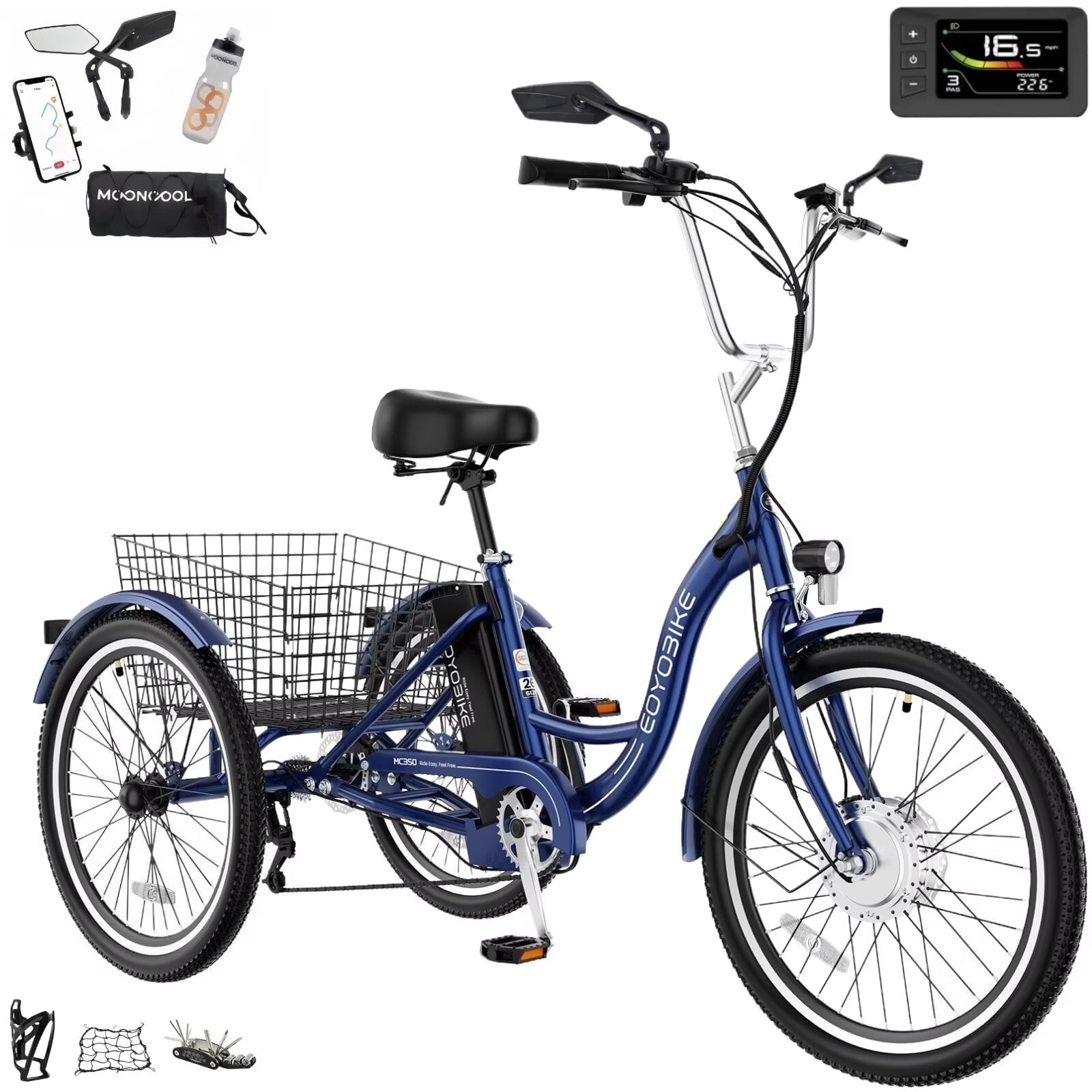 MOONCOOL Electric Trike for Adults w/ Rearview Mirror kit, 700W Peak Motor 10.4Ah battery .24/26 7 Speeds 3 Wheels Low Step Through Unisex Electric Trikes .35-60Miles