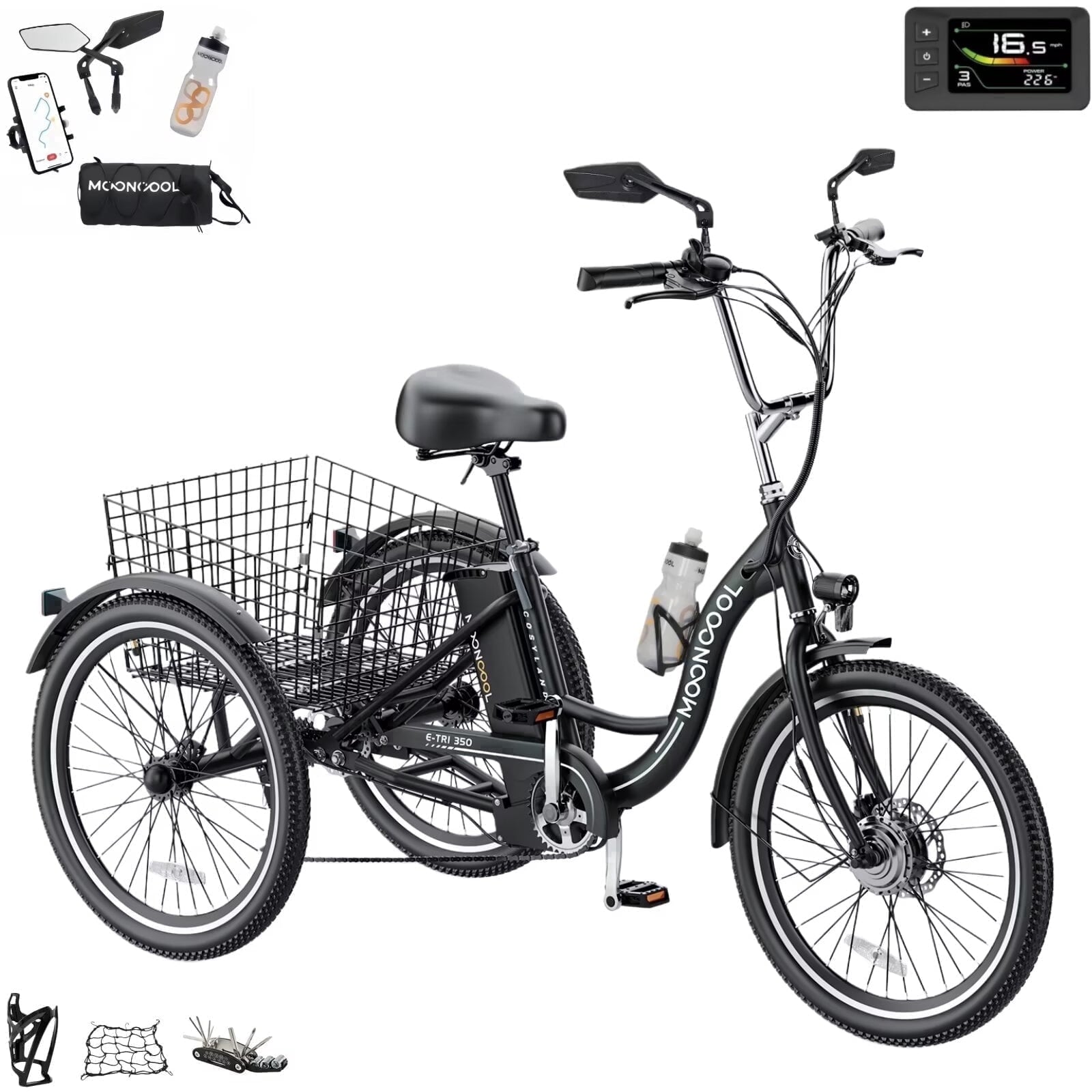 MOONCOOL Electric Trike for Adults w/ Rearview Mirror kit, 700W Peak Motor 10.4Ah battery .24/26 7 Speeds 3 Wheels Low Step Through Unisex Electric Trikes .35-60Miles