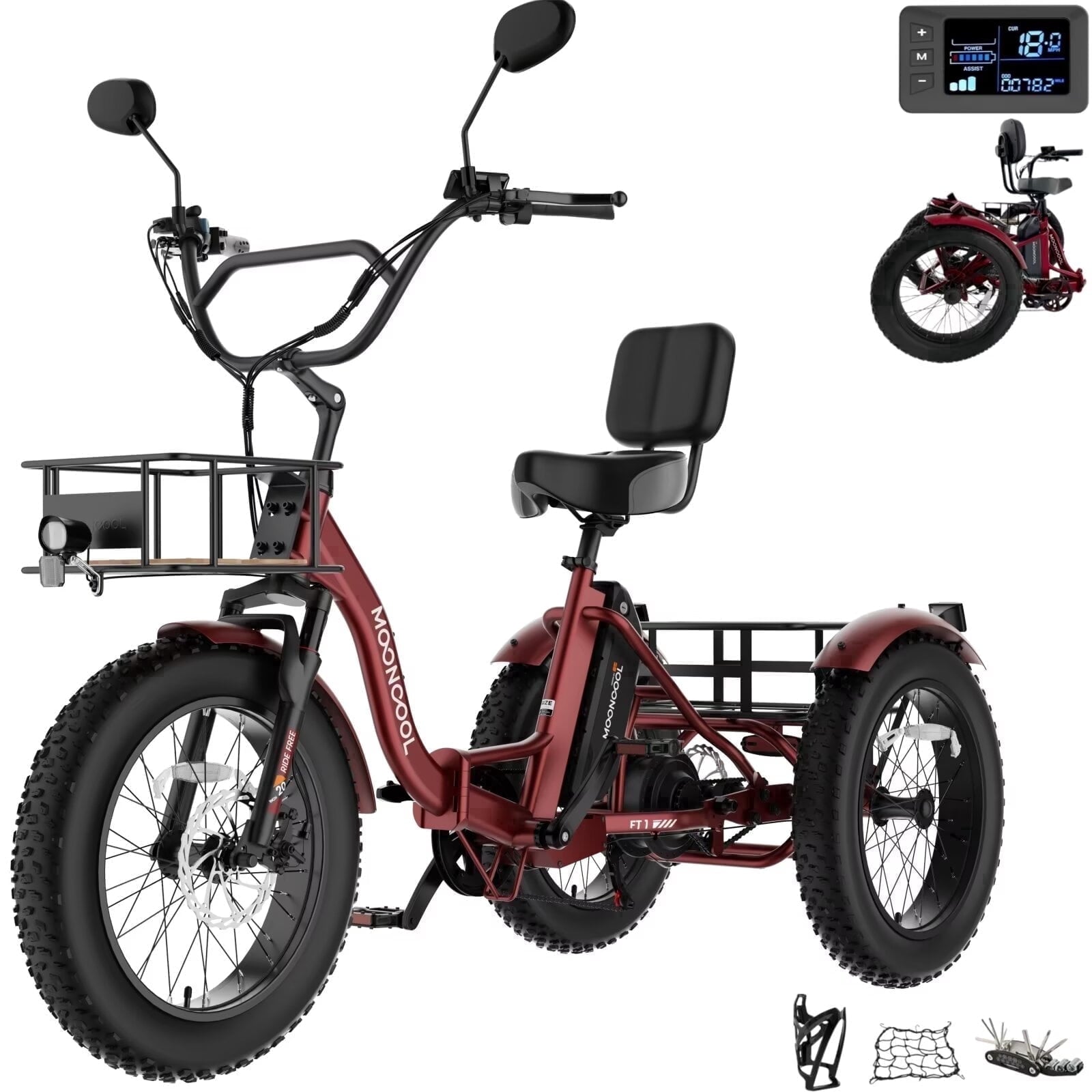 MOONCOOL Folding Electric Tricycle for Adults, 20 x 4 Fat Tire Electric Trike, 48V Peak 1092W  Electric Bicycle, 3 Wheels 7 Speed Ebike w/ 14.5Ah Removable Battery& Speed Differential Mechanism