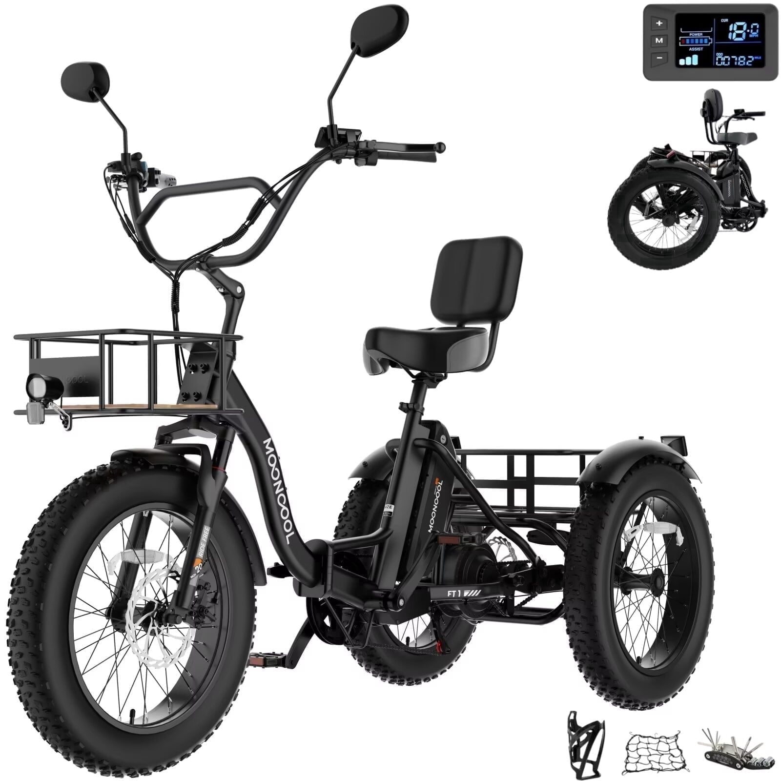 MOONCOOL Folding Electric Tricycle for Adults, 20 x 4 Fat Tire Electric Trike, 48V Peak 1092W  Electric Bicycle, 3 Wheels 7 Speed Ebike w/ 14.5Ah Removable Battery& Speed Differential Mechanism