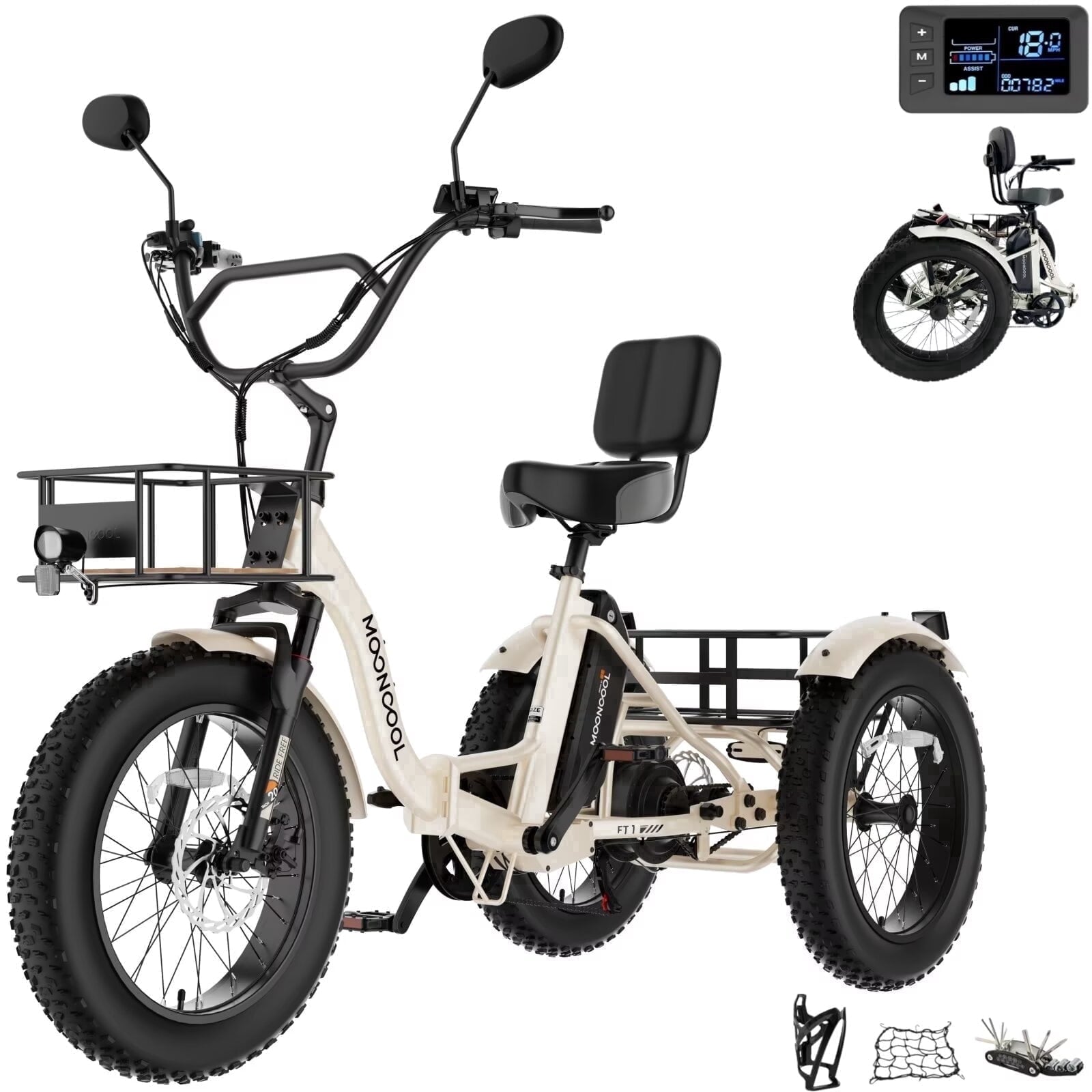 MOONCOOL Folding Electric Tricycle for Adults, 20 x 4 Fat Tire Electric Trike, 48V Peak 1092W  Electric Bicycle, 3 Wheels 7 Speed Ebike w/ 14.5Ah Removable Battery& Speed Differential Mechanism
