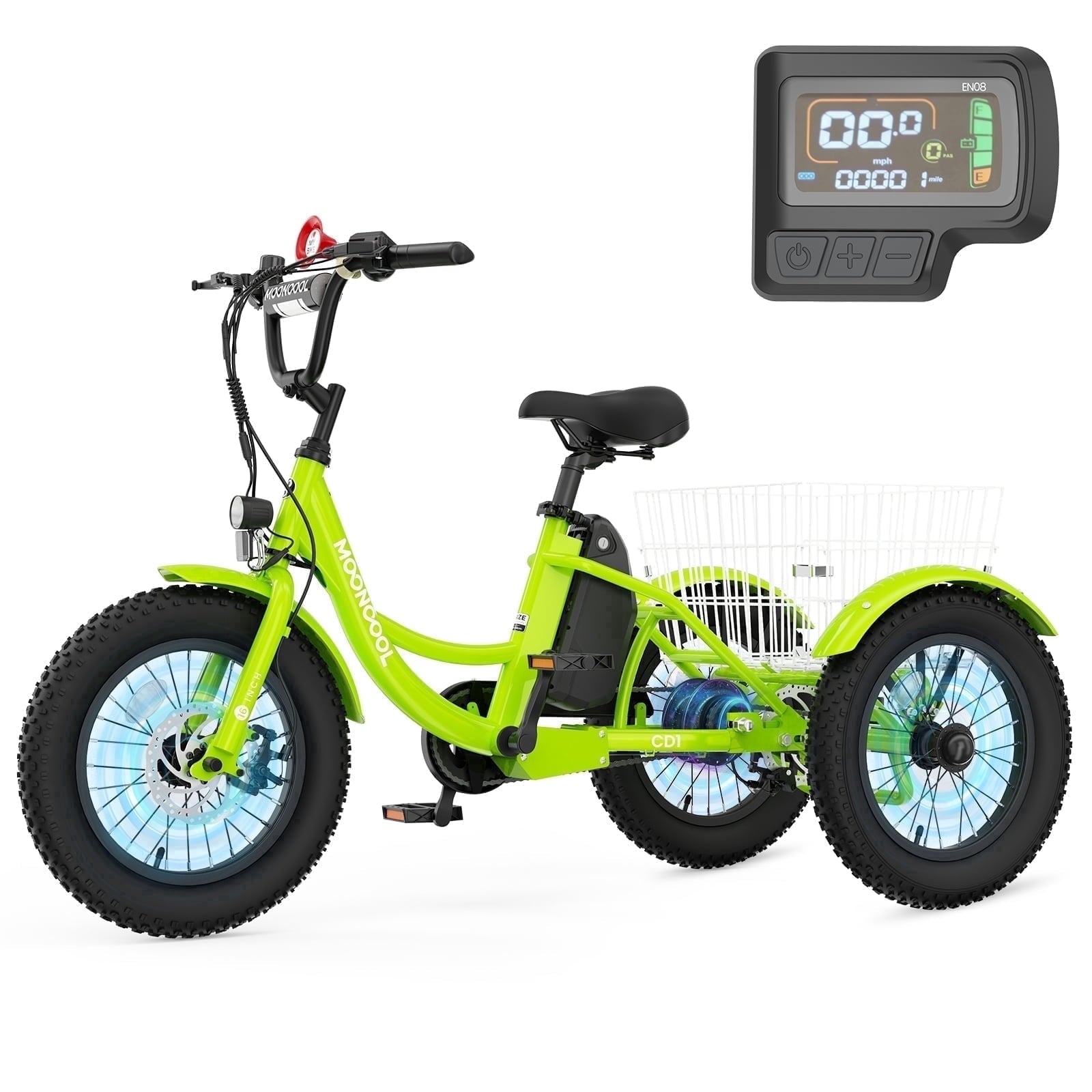 MOONCOOL Electric Tricycle for Kids ,16x3 3 Wheel 250W 10.4Ah Etrike W/ LED headlight & Rear Basket & horn bell & DIY stickers .6/9/12.5 MPH