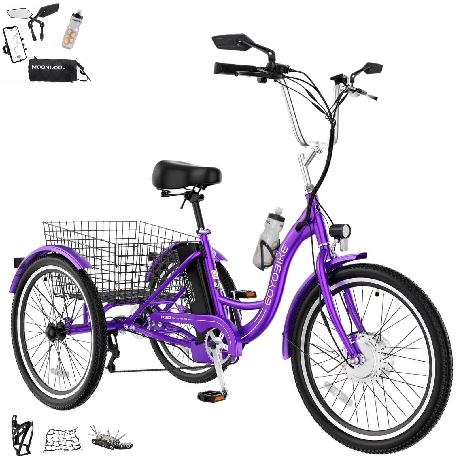 MOONCOOL Electric Trike for Adults w/ Rearview Mirror kit, 700W Peak Motor 10.4Ah battery .24/26 7 Speeds 3 Wheels Low Step Through Unisex Electric Trikes .35-60Miles