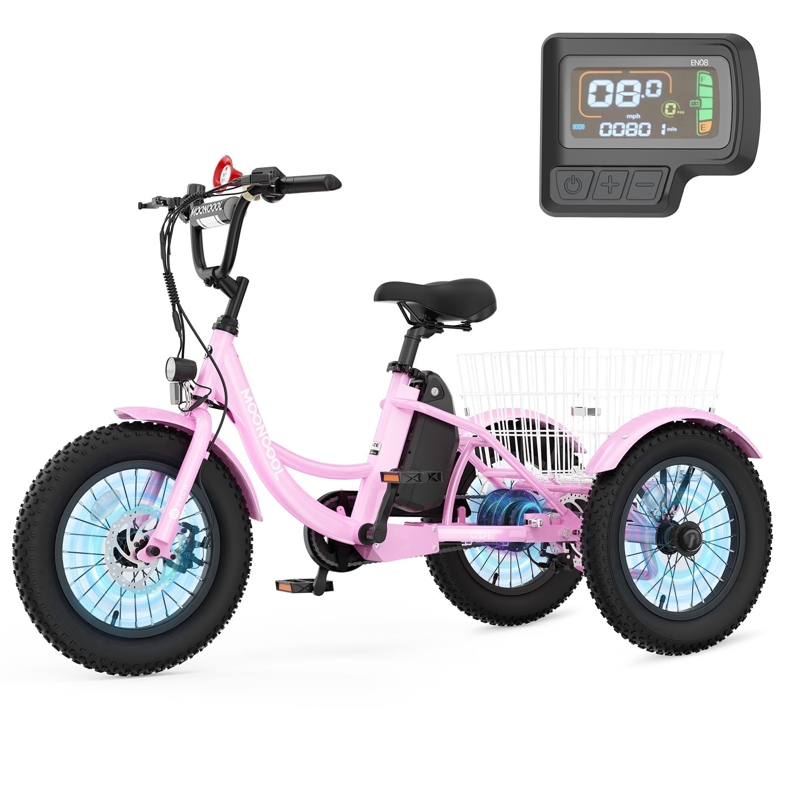 MOONCOOL Electric Tricycle for Kids ,16x3 3 Wheel 250W 10.4Ah Etrike W/ LED headlight & Rear Basket & horn bell & DIY stickers .6/9/12.5 MPH