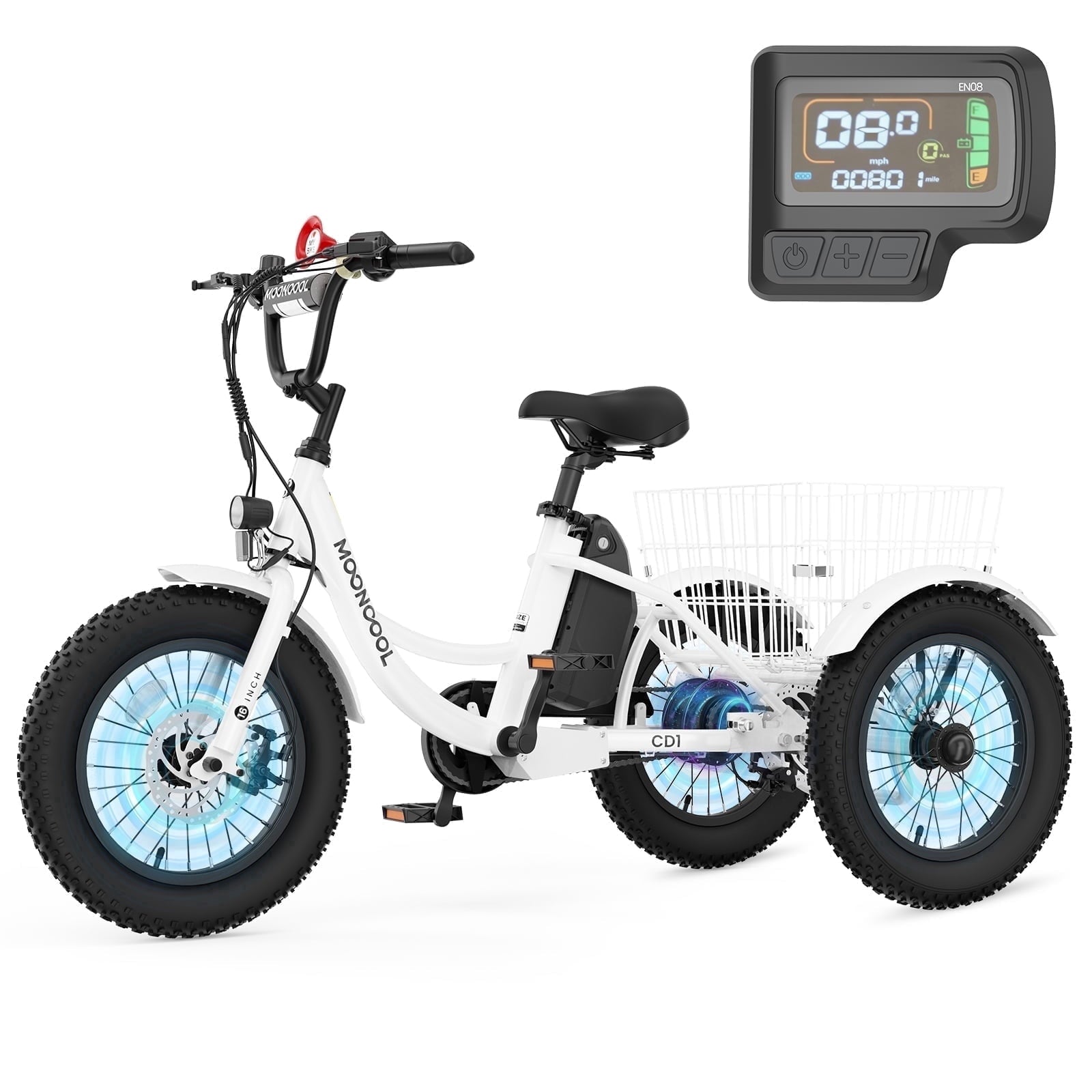 MOONCOOL Electric Tricycle for Kids ,16x3 3 Wheel 250W 10.4Ah Etrike W/ LED headlight & Rear Basket & horn bell & DIY stickers .6/9/12.5 MPH
