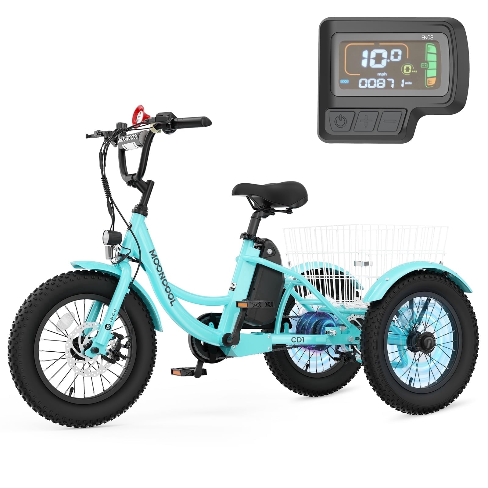 MOONCOOL Electric Tricycle for Kids ,16x3 3 Wheel 250W 10.4Ah Etrike W/ LED headlight & Rear Basket & horn bell & DIY stickers .6/9/12.5 MPH