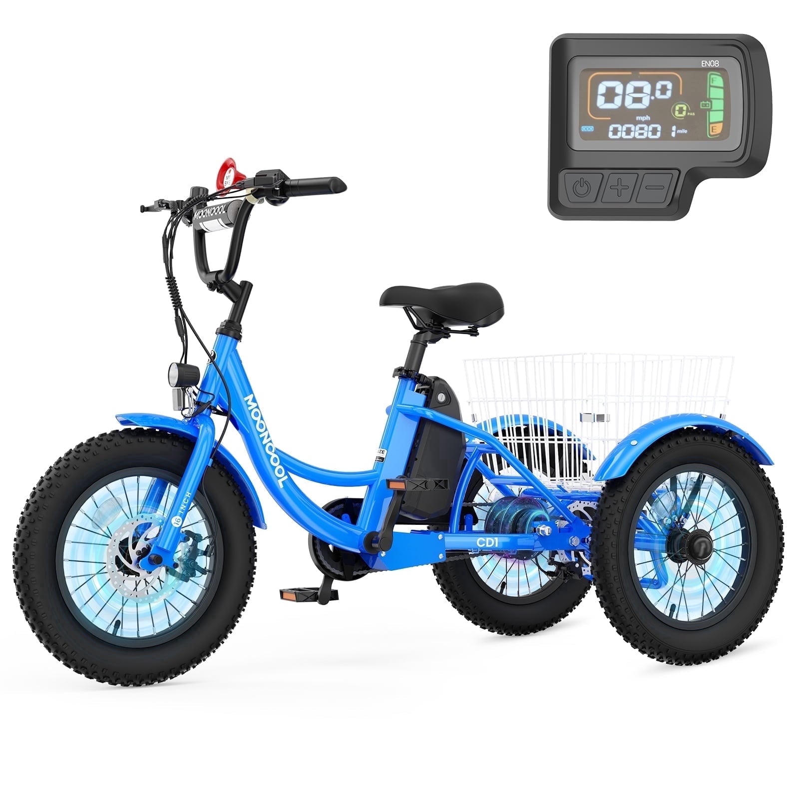 MOONCOOL Electric Tricycle for Kids ,16x3 3 Wheel 250W 10.4Ah Etrike W/ LED headlight & Rear Basket & horn bell & DIY stickers .6/9/12.5 MPH