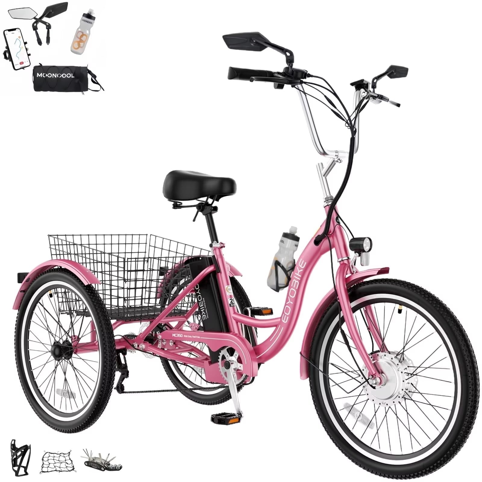 MOONCOOL Electric Trike for Adults w/ Rearview Mirror kit, 700W Peak Motor 10.4Ah battery .24/26 7 Speeds 3 Wheels Low Step Through Unisex Electric Trikes .35-60Miles