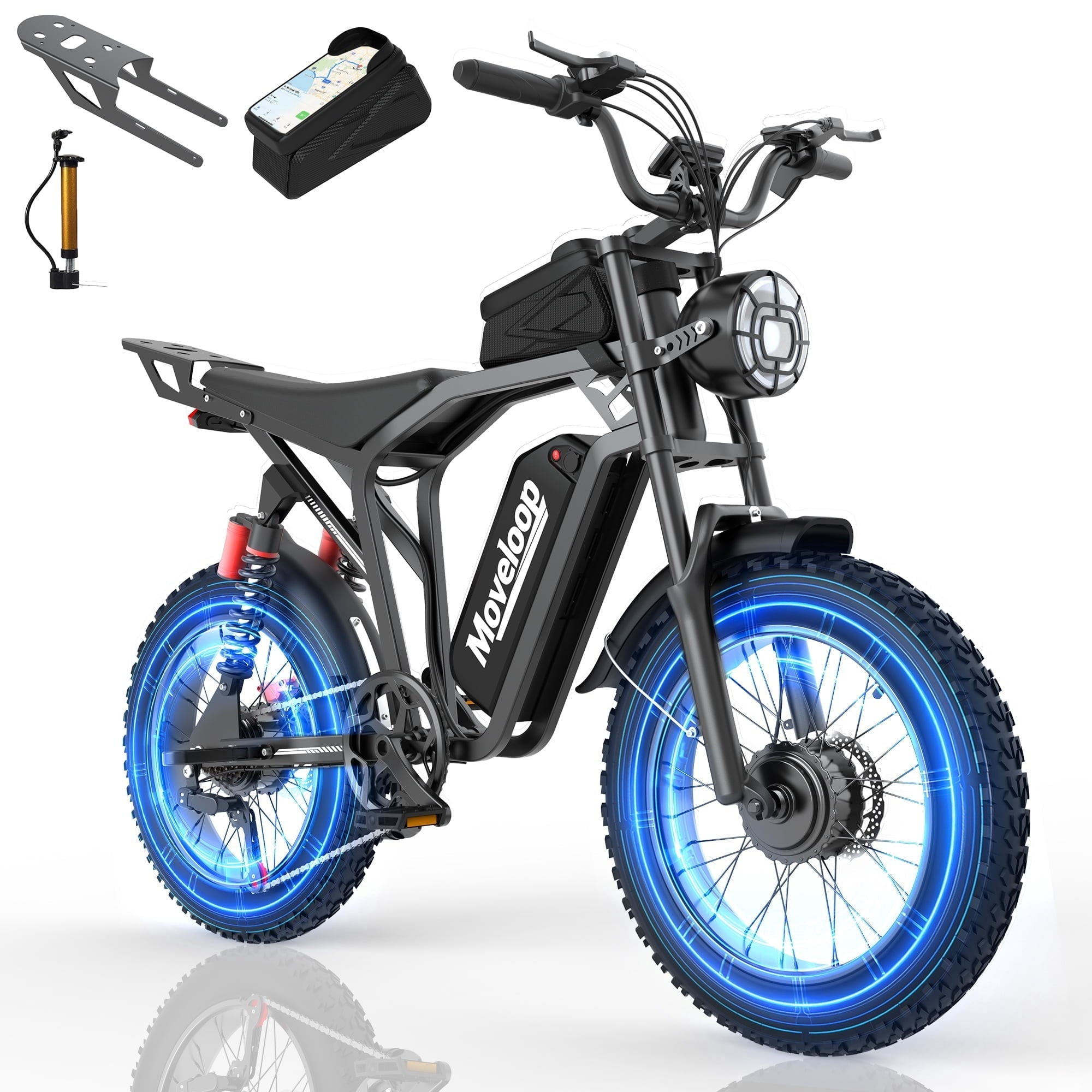 Moveloop 1500W Peak Electric Bikes for Adults, 20 Fat Tire Ebike, 31MPH & 70 Miles Range, 48V 15.6Ah Removable Battery, Full Suspension and 7-Speed, UL 2849