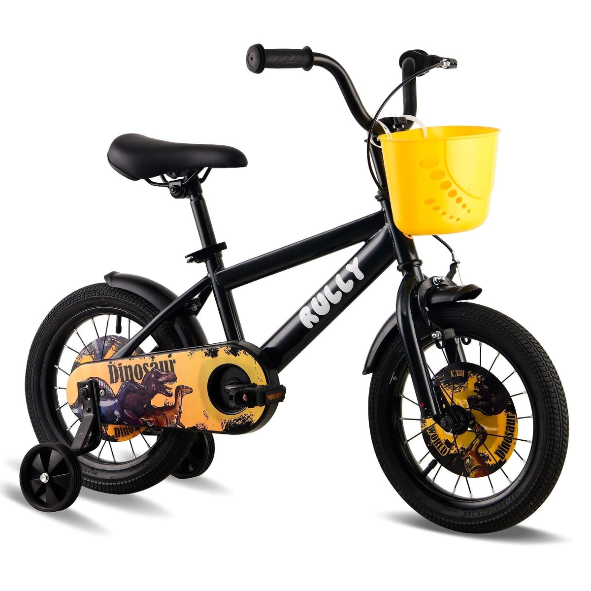 RULLY 14 Inch Dinosaur Kids Bike for Boys 3-5 Years, Bicycle with Training Wheels, Basket & Coaster Brake, Blue