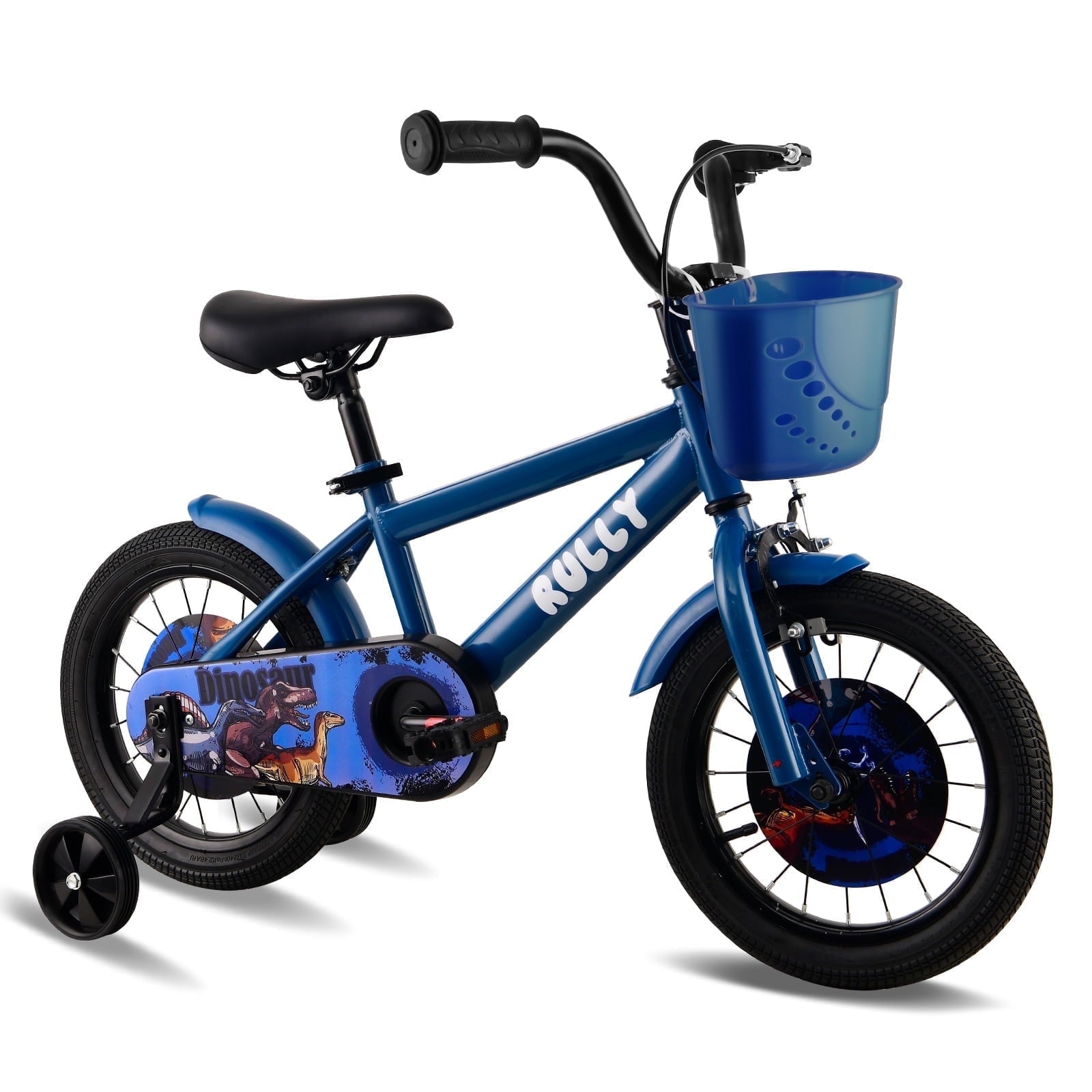 RULLY 14 Inch Dinosaur Kids Bike for Boys 3-5 Years, Bicycle with Training Wheels, Basket & Coaster Brake, Blue