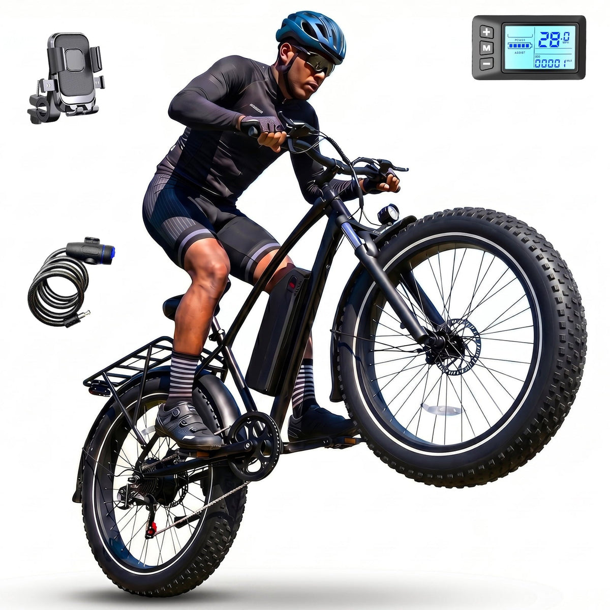 Rexei Yeki 26 Fat Tire EBike, 1200W Electric Bike for Adults, 48V 15AH Battery, 28 MPH Max Speed, 7-Speed , 500 lbs, Front Suspension, Dual Disc Brakes, LCD Display, UL2849