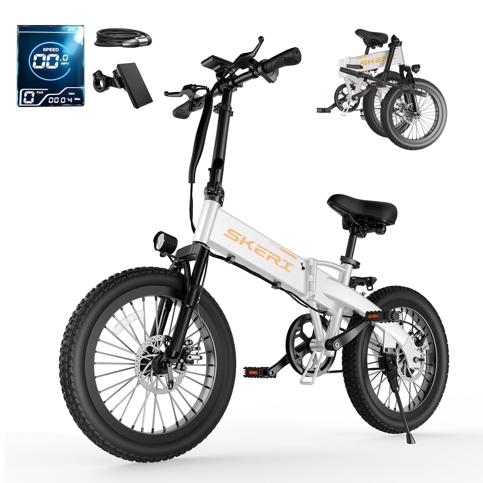 Skeri 20 Folding Electric Bicycle for Adults - 27MPH Max (Pedal-Assist), City Commuting, 48V Battery, 500W Peak, Aluminum Alloy Frame 49LBS, Adjustable Seat with LCD Display