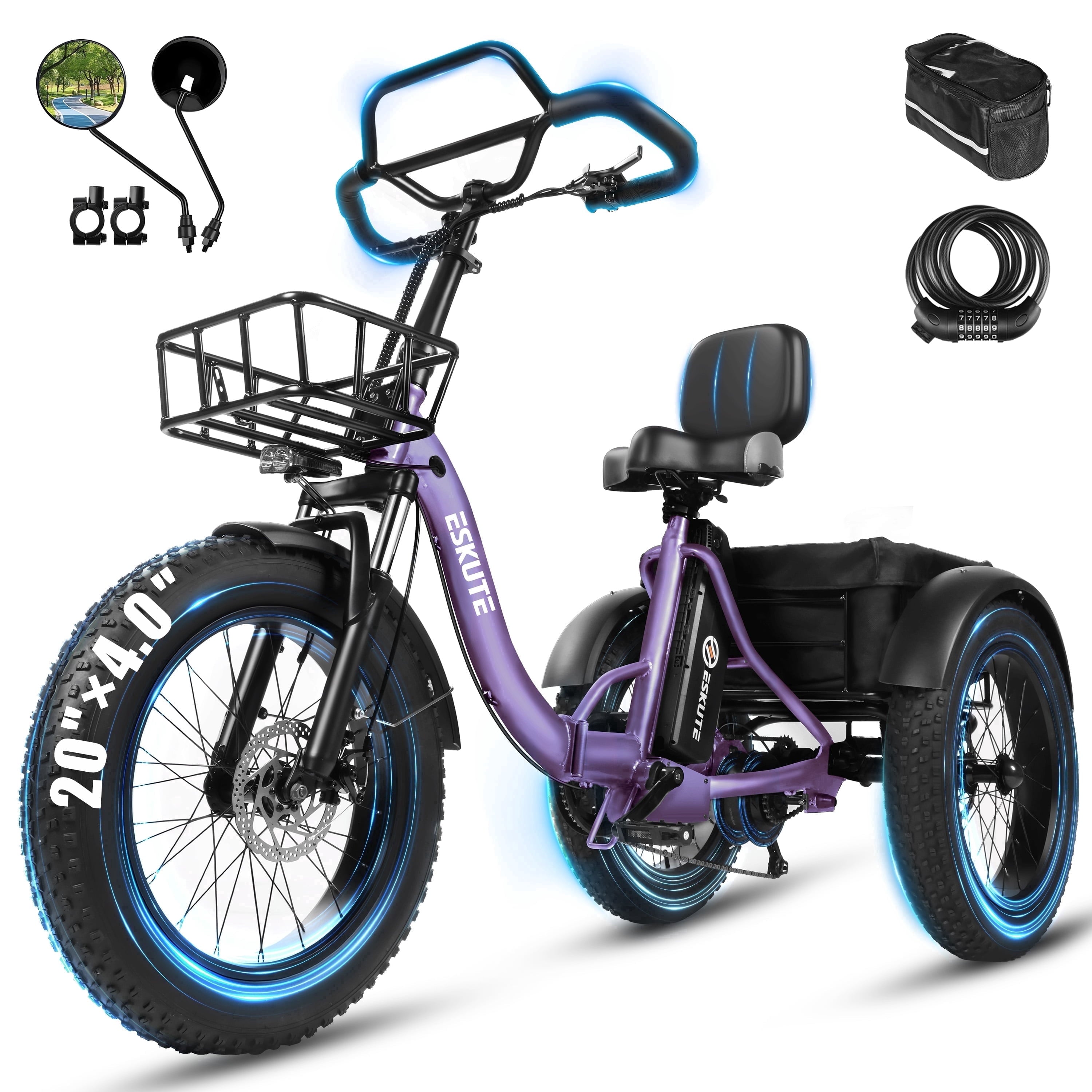 ESKUTE T300 Pro Electric Tricycle for Adults, E Trike, 1200W Peak Motor, 998.4Wh Battery, 20 x 4.0 Fat Tires, Foldable 3 Wheel Electric Bike, Stable Ride for Seniors & Parents Black, UL2849