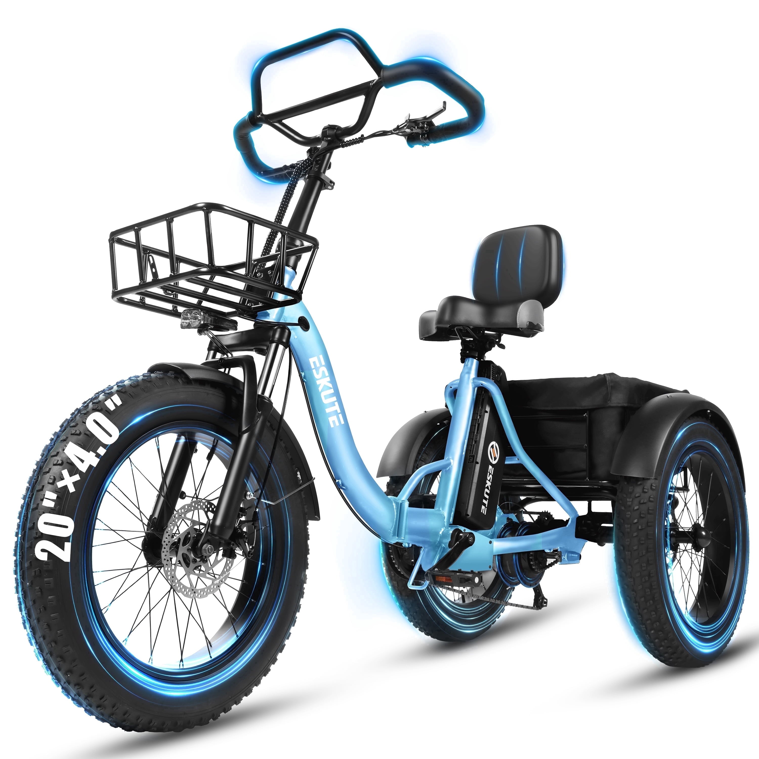 ESKUTE T300 Pro Electric Tricycle for Adults, E Trike, 1200W Peak Motor, 998.4Wh Battery, 20 x 4.0 Fat Tires, Foldable 3 Wheel Electric Bike, Stable Ride for Seniors & Parents Black, UL2849