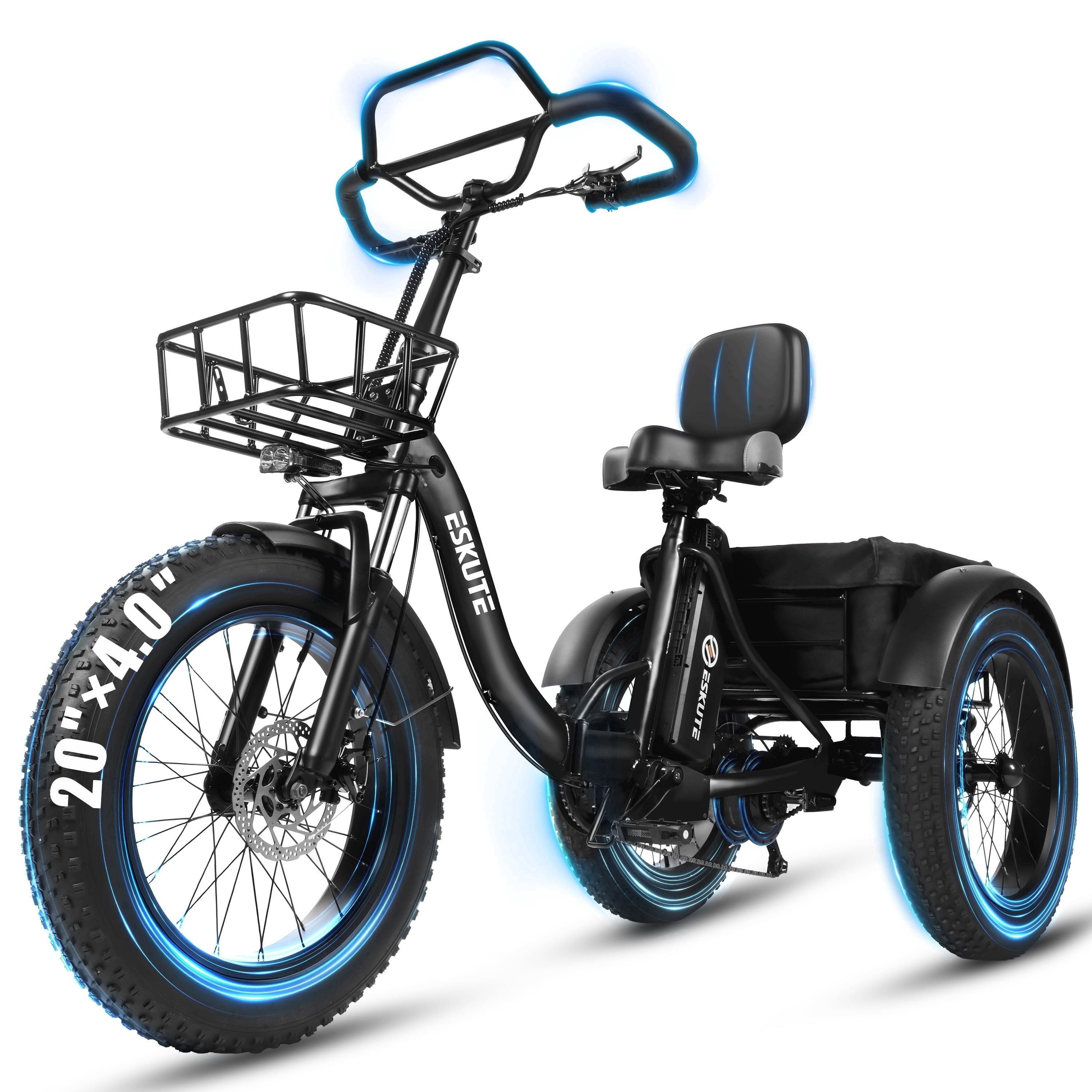 ESKUTE T300 Pro Electric Tricycle for Adults, E Trike, 1200W Peak Motor, 998.4Wh Battery, 20 x 4.0 Fat Tires, Foldable 3 Wheel Electric Bike, Stable Ride for Seniors & Parents Black, UL2849