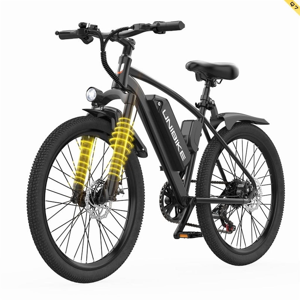 Unibike 400W Electric Bike for Adults, 26'' Mountain Ebikes, 36V10AH Removable Battery, 7-Speed E-Bicycle, Front Suspension, Black