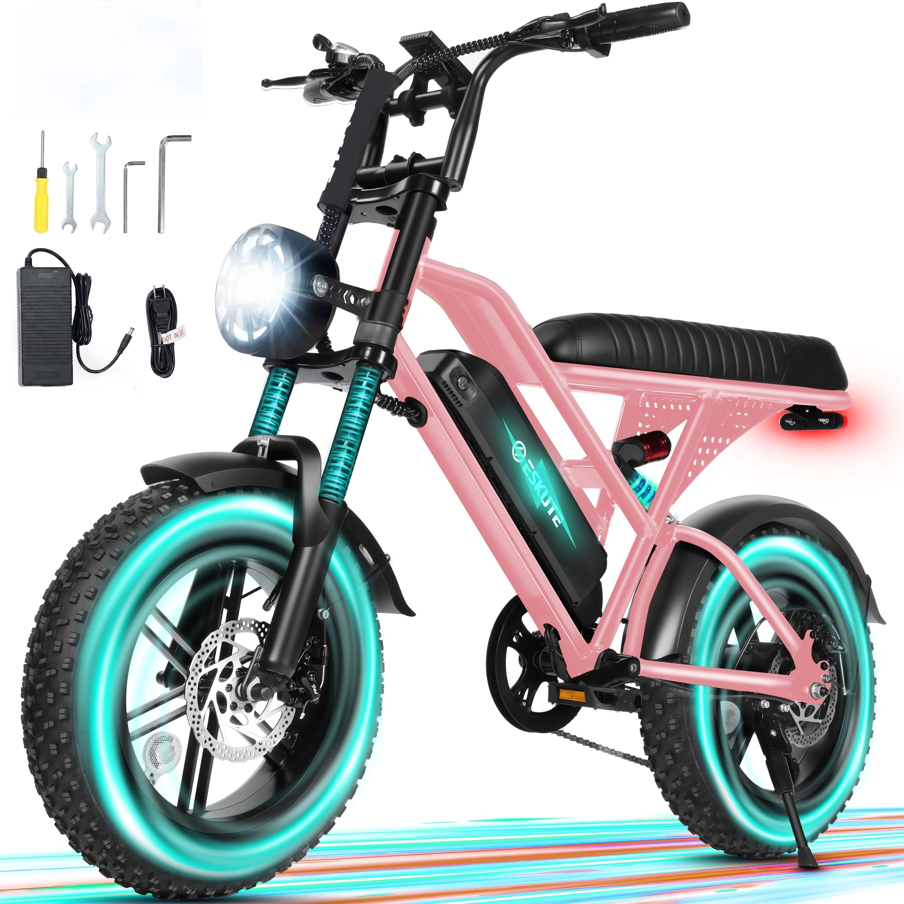 ESKUTE V100 Electric Bike for Teens Adults Students, 750W 28 Mph 48V 13 Ah,16x4.0 Fat Tire E Bicycle, 7-Speed Dual Suspension Mountain EBike Black, UL2849