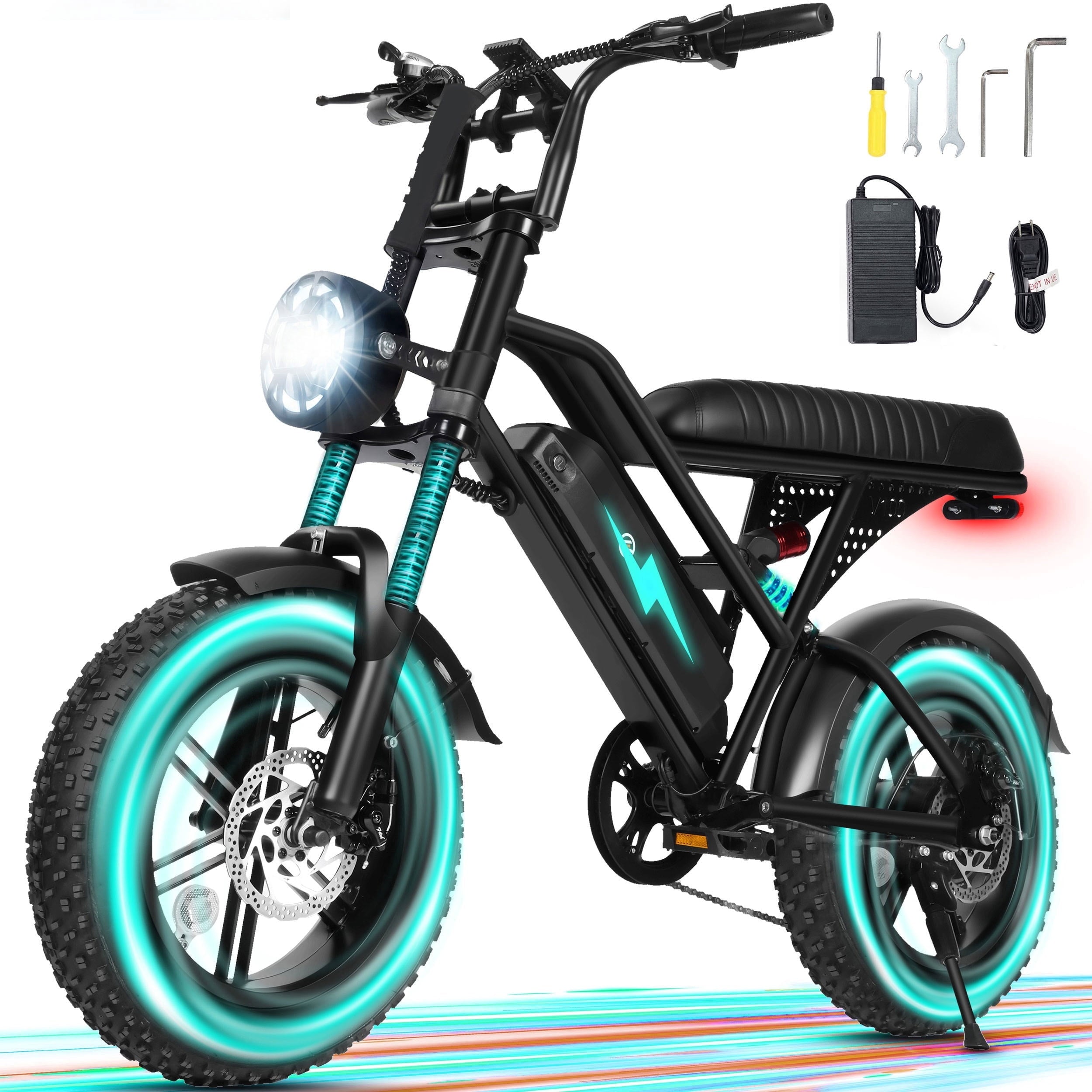 ESKUTE V100 Electric Bike for Teens Adults, 750W Peak 1500W 28 Mph 48V 13 Ah,16x4.0 Fat Tire E Bicycle, 7-Speed E-Bike with Dual Suspension, UL2849