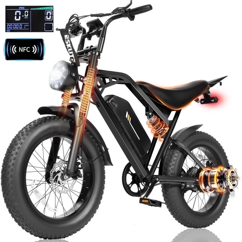 ESKUTE Electric Bike for Adults & Teens, 29MPH, 80 Miles Range, 48V 20.8Ah Battery, 20 x 4.0 Fat Tire, Dual Suspension, 7-Speed Off-Road Ebike Orange, UL2849