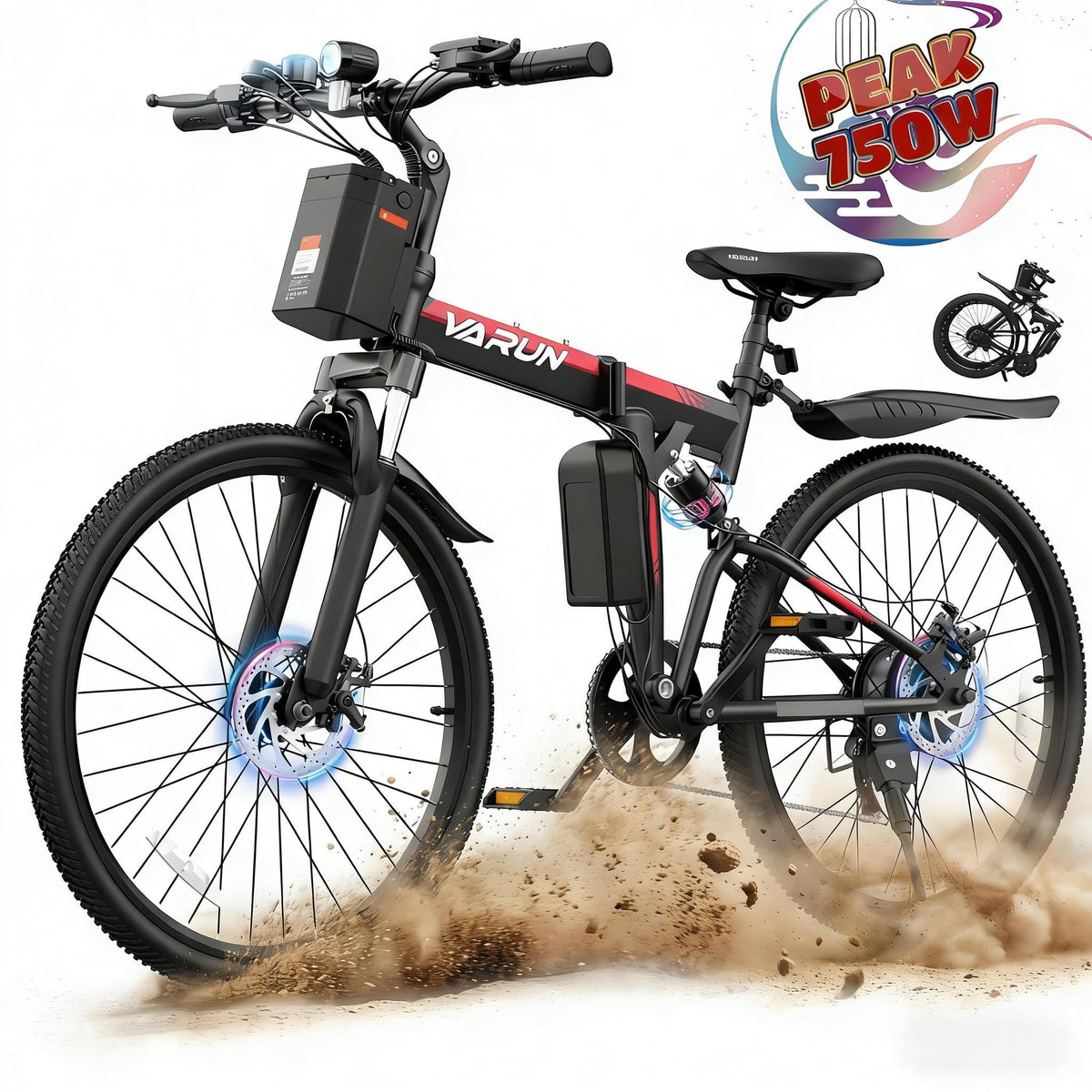 VARUN Electric Bike, 26 Foldable Ebike, Peak 750W Motor, 48V 374.4Wh Battery, up to 20+mph 50 Miles, 7 Speeds with Bike Pump, Phone Holder & Bike Lock & Rear Light, E Bike for Adult, UL2849(Black)