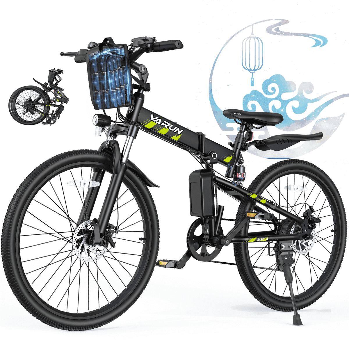 VARUN Electric Bike, 26 Foldable Ebike, Peak 750W Motor, 48V 374.4Wh Battery, up to 20+mph 50 Miles, 7 Speeds with Bike Pump, Phone Holder & Bike Lock & Rear Light, E Bike for Adult, UL2849(Black)