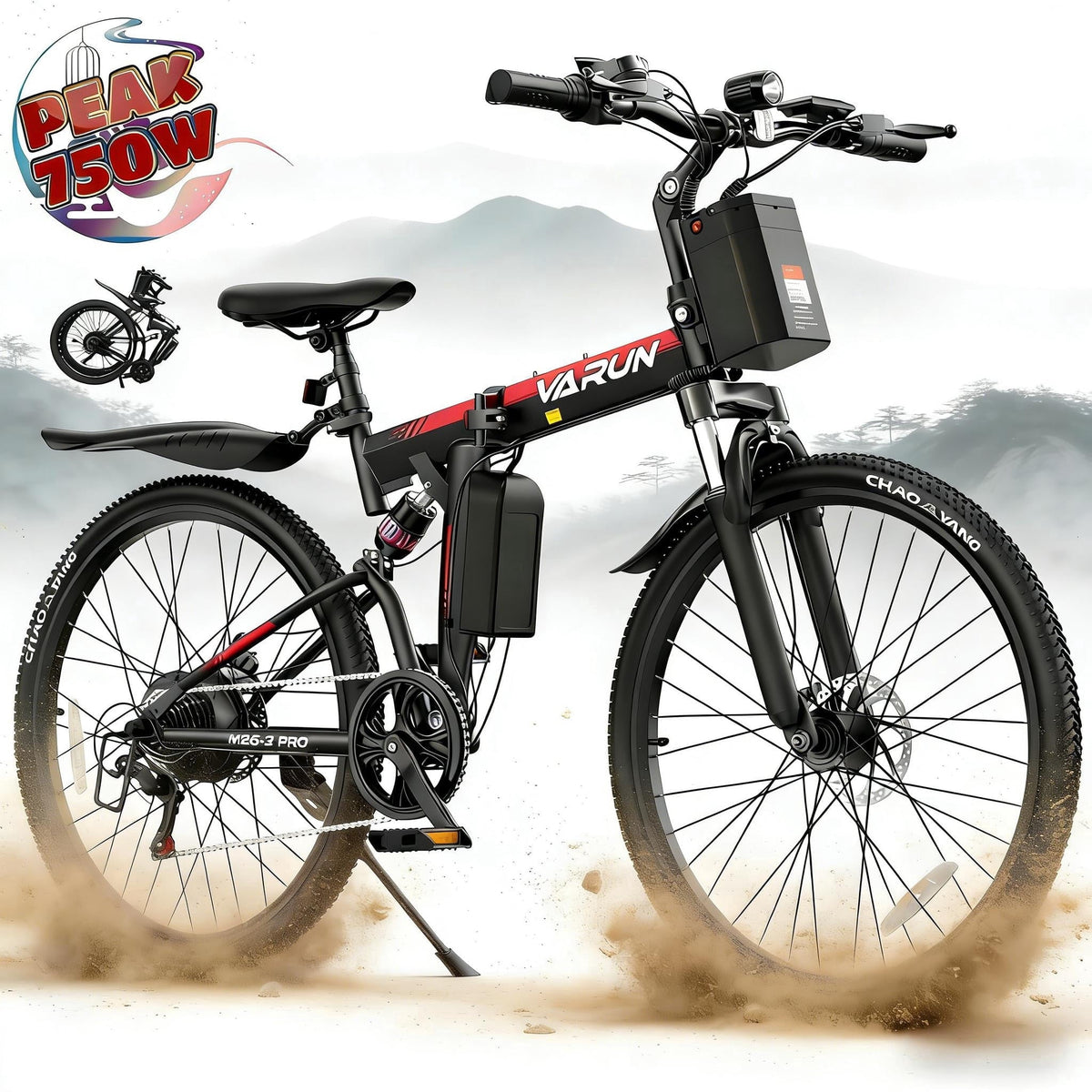 VARUN Electric Bike, 26 Foldable Ebike, Peak 750W Motor, 48V 374.4Wh Battery, up to 20+mph 50 Miles, 7 Speeds with Bike Pump, Phone Holder & Bike Lock & Rear Light, E Bike for Adult, UL2849(Black)