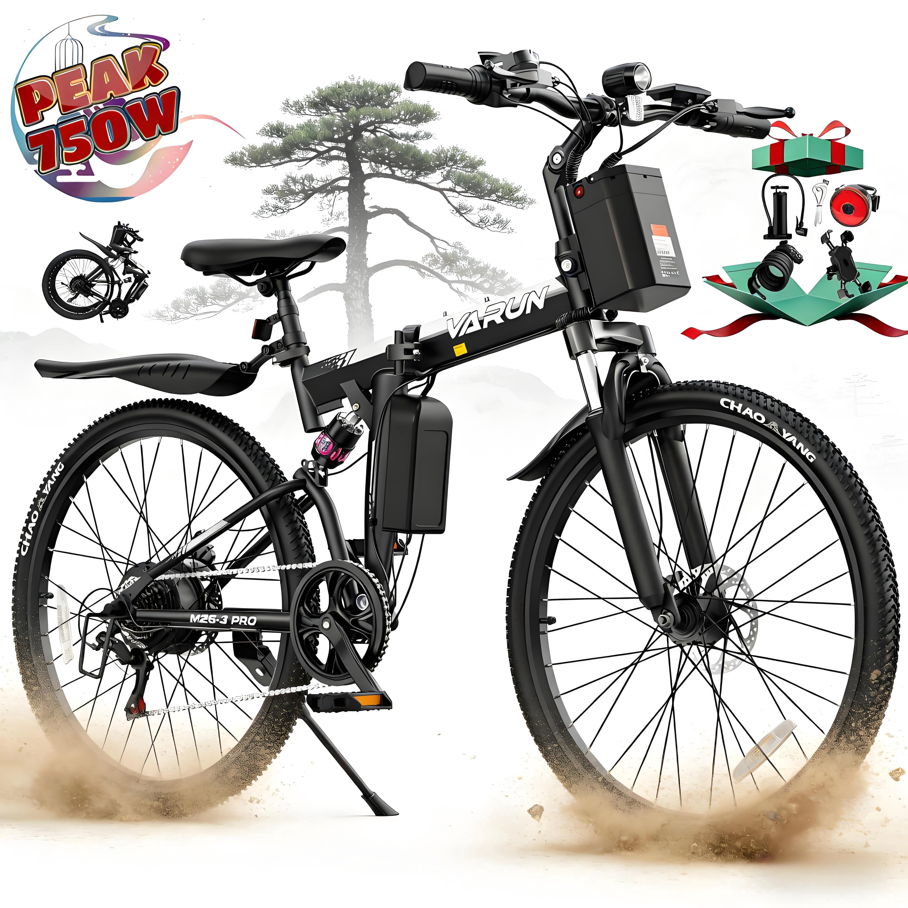 VARUN Electric Bike, 26 Foldable Ebike, Peak 750W Motor, 48V 374.4Wh Battery, up to 20+mph 50 Miles, 7 Speeds with Bike Pump, Phone Holder & Bike Lock & Rear Light, E Bike for Adult, UL2849(Black)