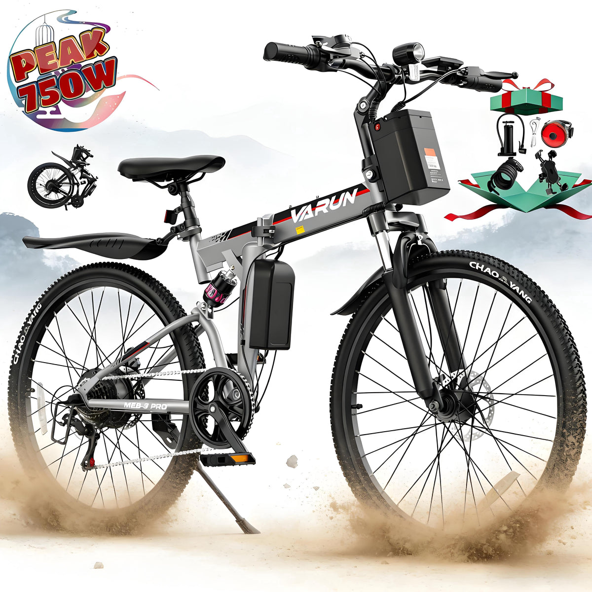 VARUN Electric Bike, 26 Foldable Ebike, Peak 750W Motor, 48V 374.4Wh Battery, up to 20+mph 50 Miles, 7 Speeds with Bike Pump, Phone Holder & Bike Lock & Rear Light, E Bike for Adult, UL2849(Black)