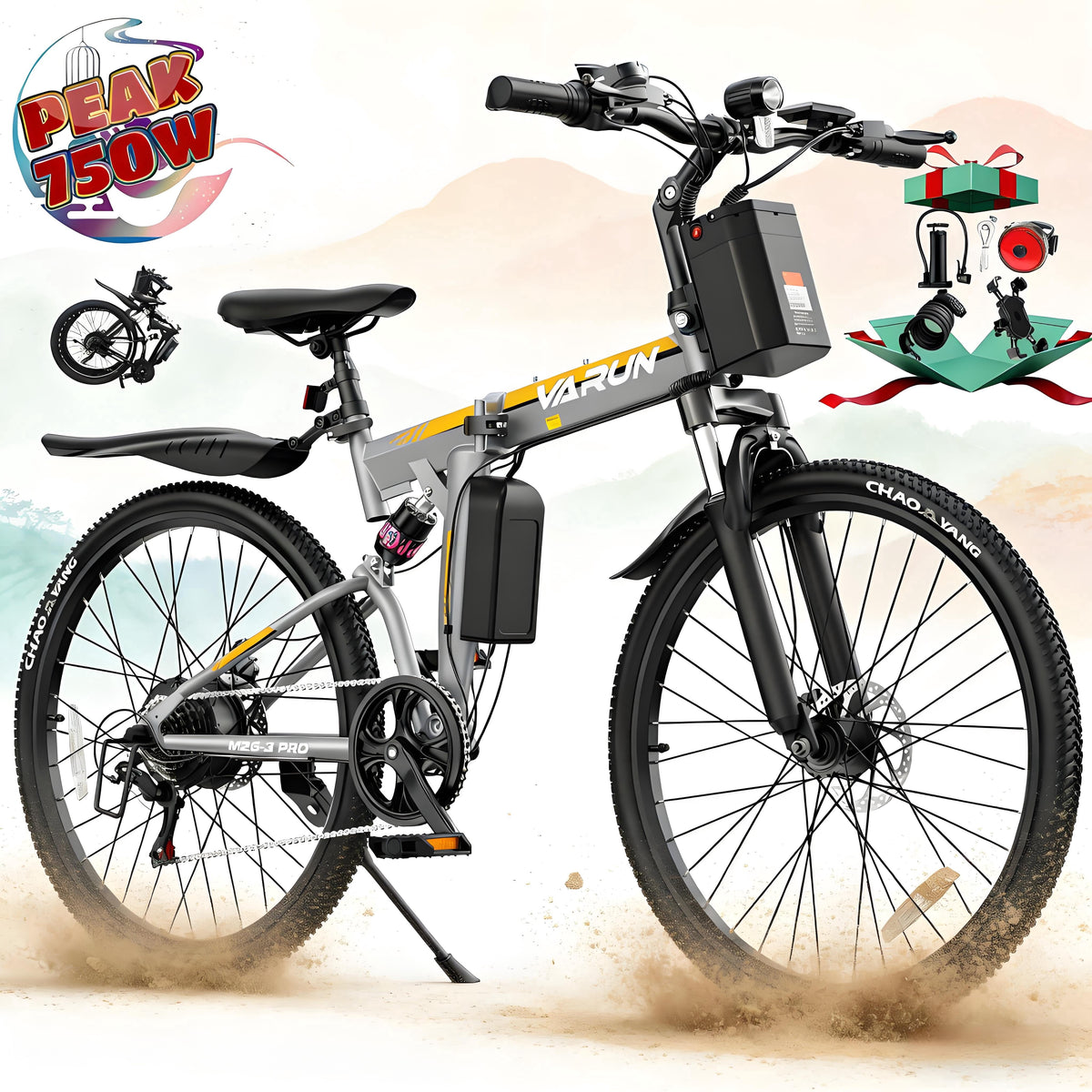 VARUN Electric Bike, 26 Foldable Ebike, Peak 750W Motor, 48V 374.4Wh Battery, up to 20+mph 50 Miles, 7 Speeds with Bike Pump, Phone Holder & Bike Lock & Rear Light, E Bike for Adult, UL2849(Black)