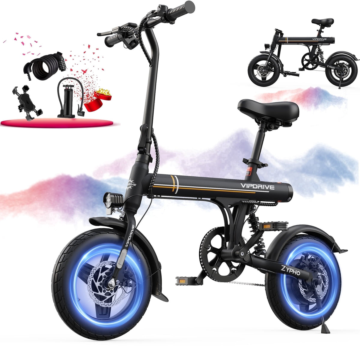 VIPDRIVE Electric Bike, 14 Folding EBike for Adults, 500W Peak Motor, 36V 7.8Ah Battery, 20MPH City Commuter E-Bike, Mini Ebike, LCD Display, UL2849