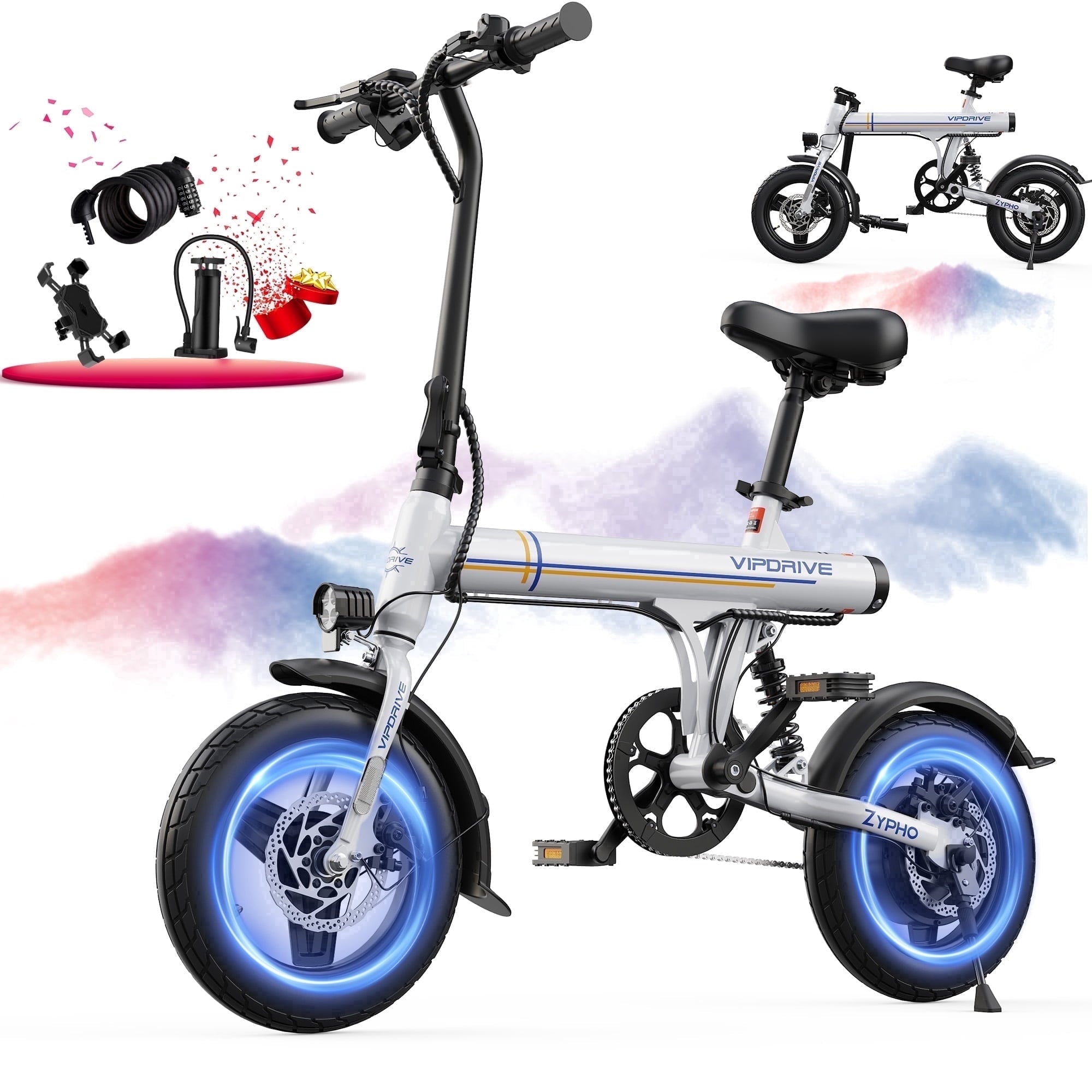 VIPDRIVE Electric Bike, 14 Folding EBike for Adults, 500W Peak Motor, 36V 7.8Ah Battery, 20MPH City Commuter E-Bike, Mini Ebike, LCD Display, UL2849