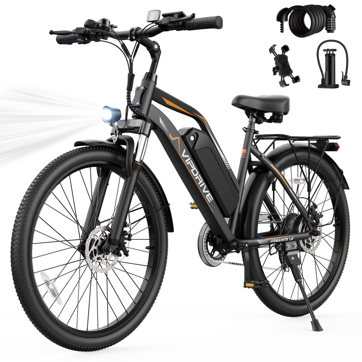 VIPDRIVE 26 Electric Bicycle for Adults & Women, Peak 750W Motor E-Bikes, 48V 7.8Ah Battery, 7-Speed, City Cruiser E-Bike, LCD Display, 50 Mi Range（UL2849）