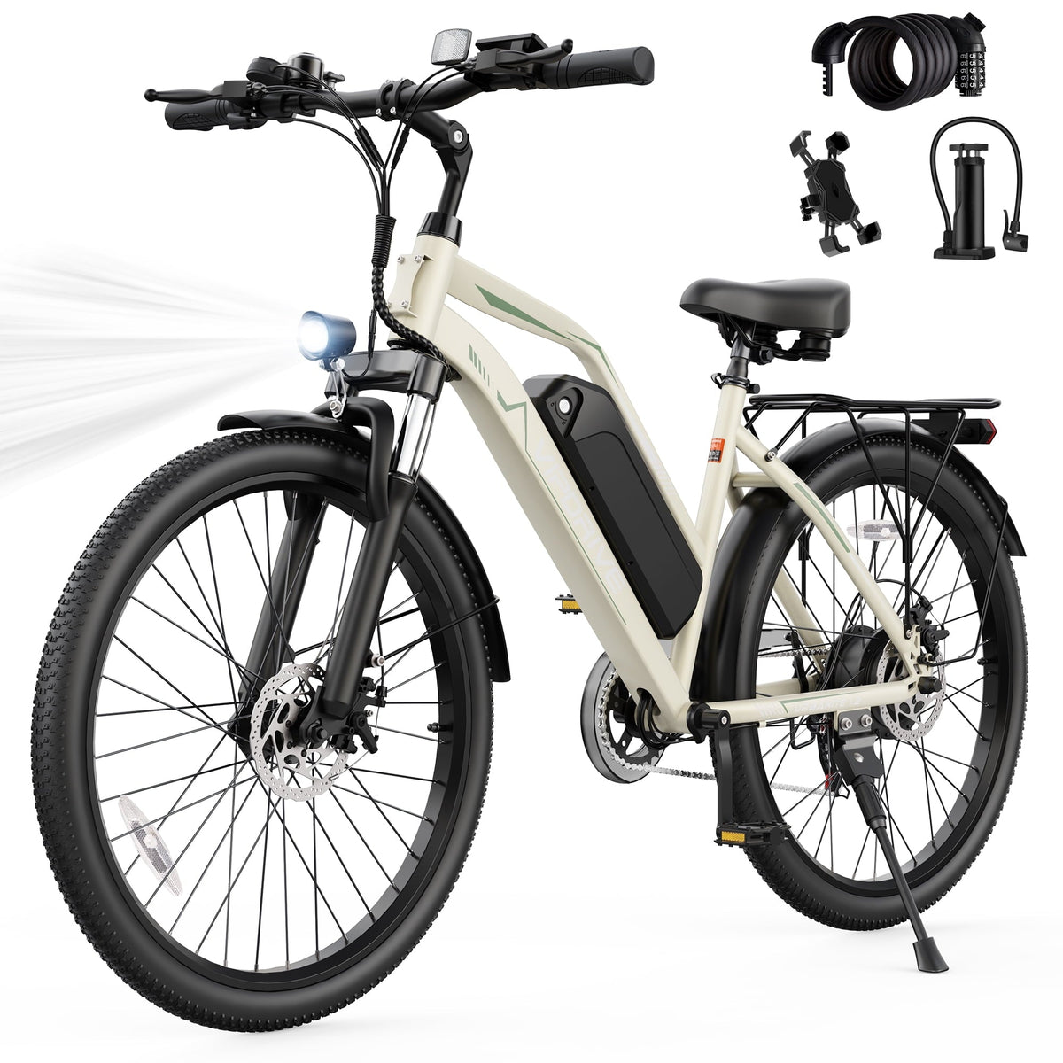 VIPDRIVE 26 Electric Bicycle for Adults & Women, Peak 750W Motor E-Bikes, 48V 7.8Ah Battery, 7-Speed, City Cruiser E-Bike, LCD Display, 50 Mi Range（UL2849）