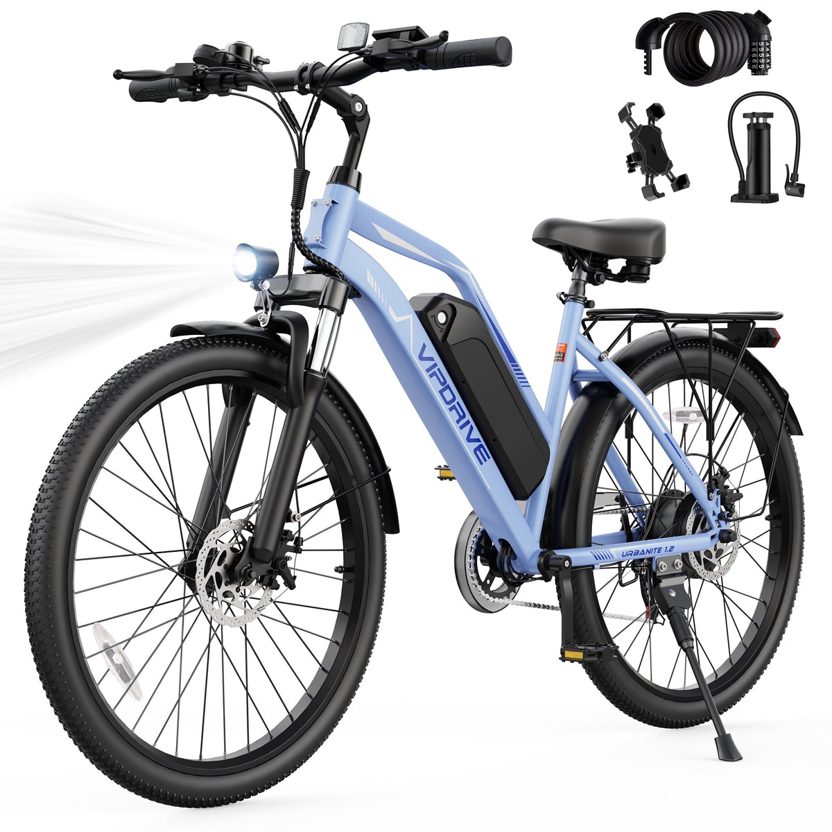 VIPDRIVE 26 Electric Bicycle for Adults & Women, Peak 750W Motor E-Bikes, 48V 7.8Ah Battery, 7-Speed, City Cruiser E-Bike, LCD Display, 50 Mi Range（UL2849）