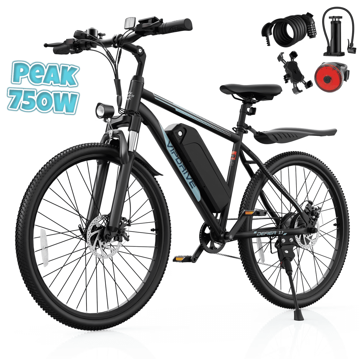 VIPDRIVE Electric Bike for Adults, 26'' 750W Peak Ebike, 48V 7.8AH Removable Battery .Up to 40 Miles 20MPH Electric Mountain Bike .Front Fork Suspension .UL2849