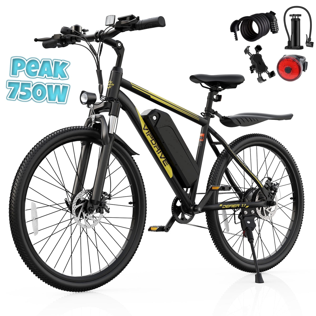 VIPDRIVE Electric Bike for Adults, 26'' 750W Peak Ebike, 48V 7.8AH Removable Battery .Up to 40 Miles 20MPH Electric Mountain Bike .Front Fork Suspension .UL2849