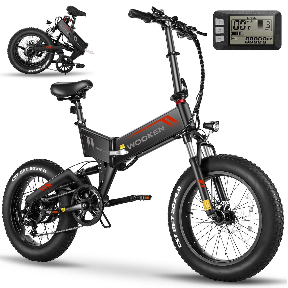 Wooken 20X4.0 Fat Tire Electric Bike for Adults, 500W Foldable Electric Bicycle with 48V 10Ah Built-in Battery, Shimano 7 Speed, Dual Shock Absorber