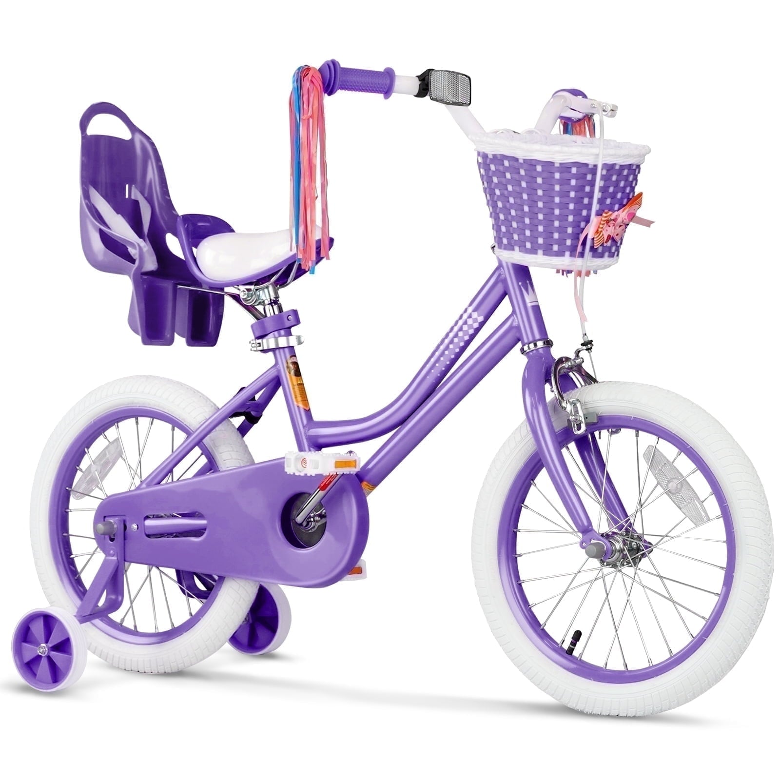XJD Girls Bike for Toddlers 3-9 Years Old Kids, 16 Inch Kids Bike with Training Wheels, Streamers, Basket and Doll Seat, Children Bicycles with Handbrake