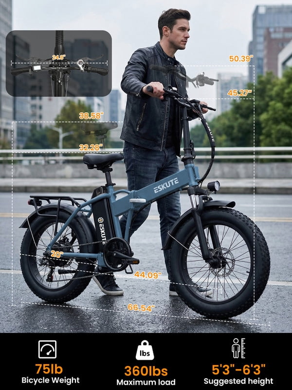 ESKUTE D300 Electric Bike for Adults, Folding Ebike with 1200W Peak Motor 28MPH, 48V 20.8Ah Removable Battery, 20x4.0 Fat Tires, 80 Miles 7-Speed Gear, NFC Unlock,Black, UL2849