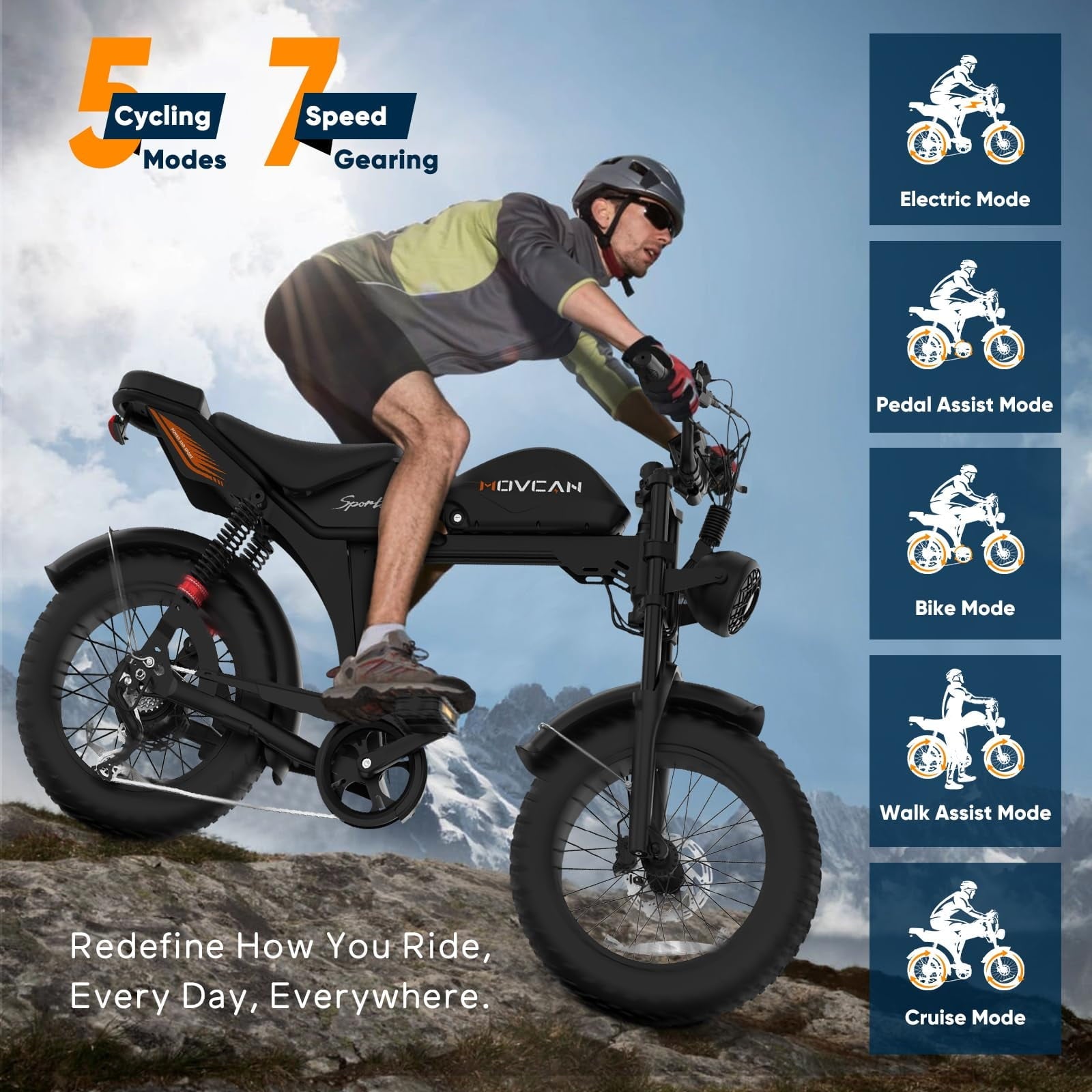 Movcan V70 Electric Bike for Adults, Peak 2500W 35mph 52V 23.4Ah E-Mountain Bike,20 Fat Tire Full Suspension UL2849