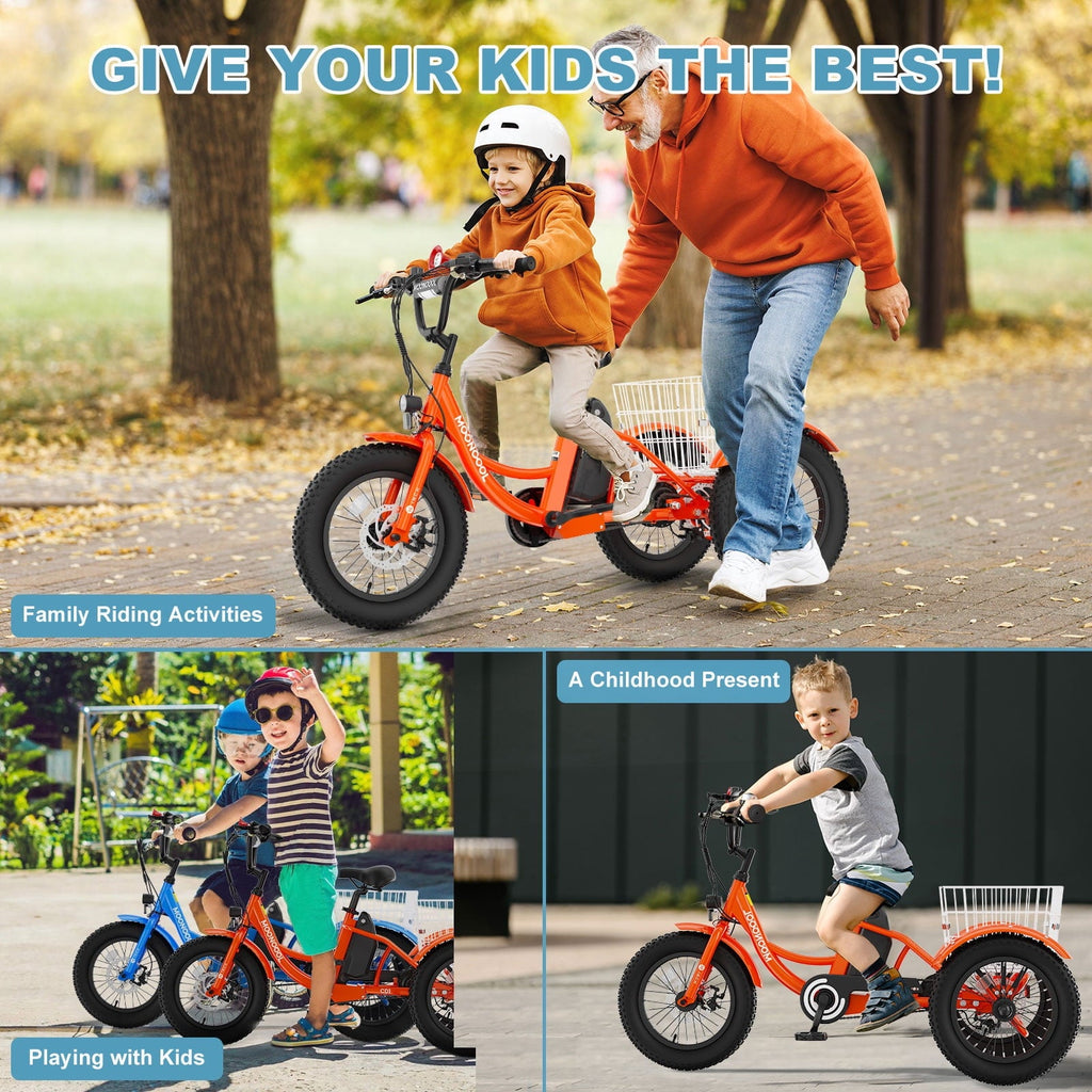 MOONCOOL Electric Tricycle for Kids ,16x3 3 Wheel 250W 10.4Ah Etrike W/ LED headlight & Rear Basket & horn bell & DIY stickers .6/9/12.5 MPH