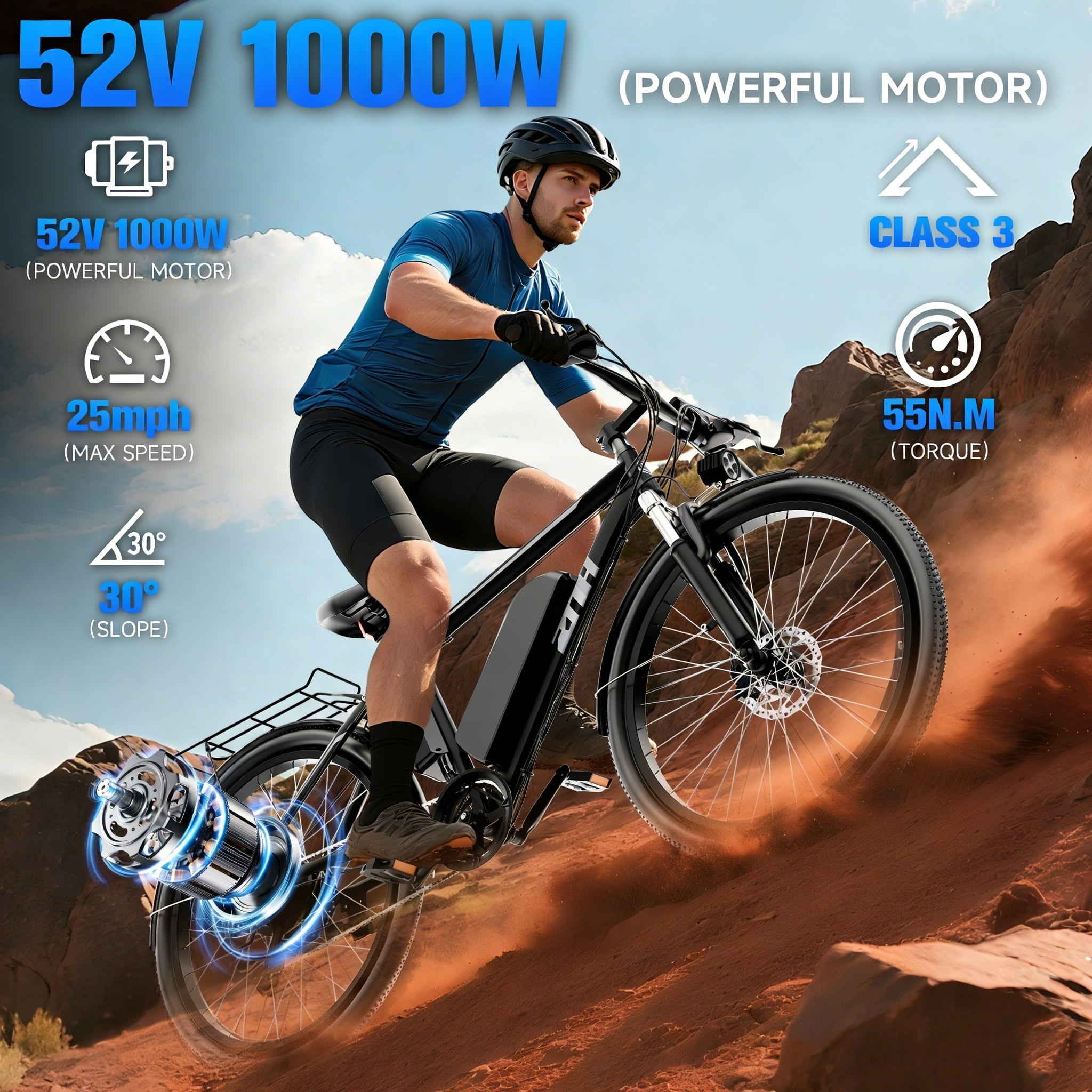 ZNH 1000w Peak Electric Bike for Adults – Electric Mountain Bike w 52V 13Ah Removable Battery ,26 off-road Ebike, Shimano 21-Speed, UL 2849 .Black