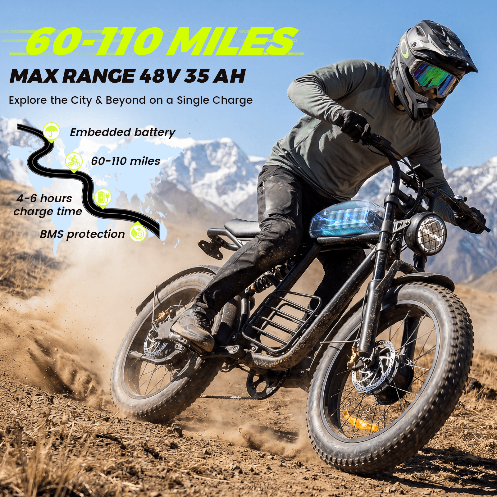 Electric Bike for Adults, 3000W Dirt Bike, 37MPH, 48V 35Ah E-Bike, 100 Miles Electric Motorcycle, 20 Fat Tire Off-Road Bike, All Terrain for Mountains, Snow, Sand, Road