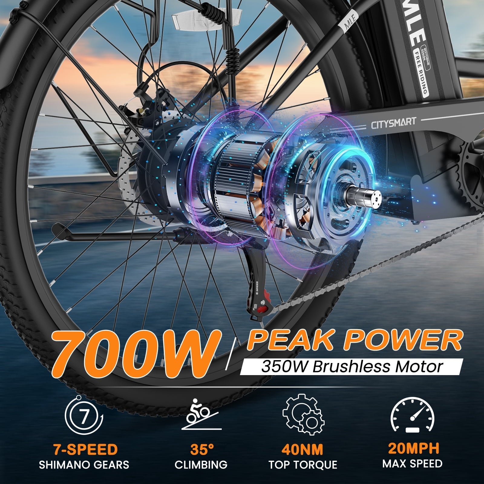 MOONCOOL Electric Bicycle for Adults 350W , 7-Speed Ebike with 36V 10.4Ah Removable Battery . 40 Miles Range , 20 mph Electric Commuter Bike for Women Men
